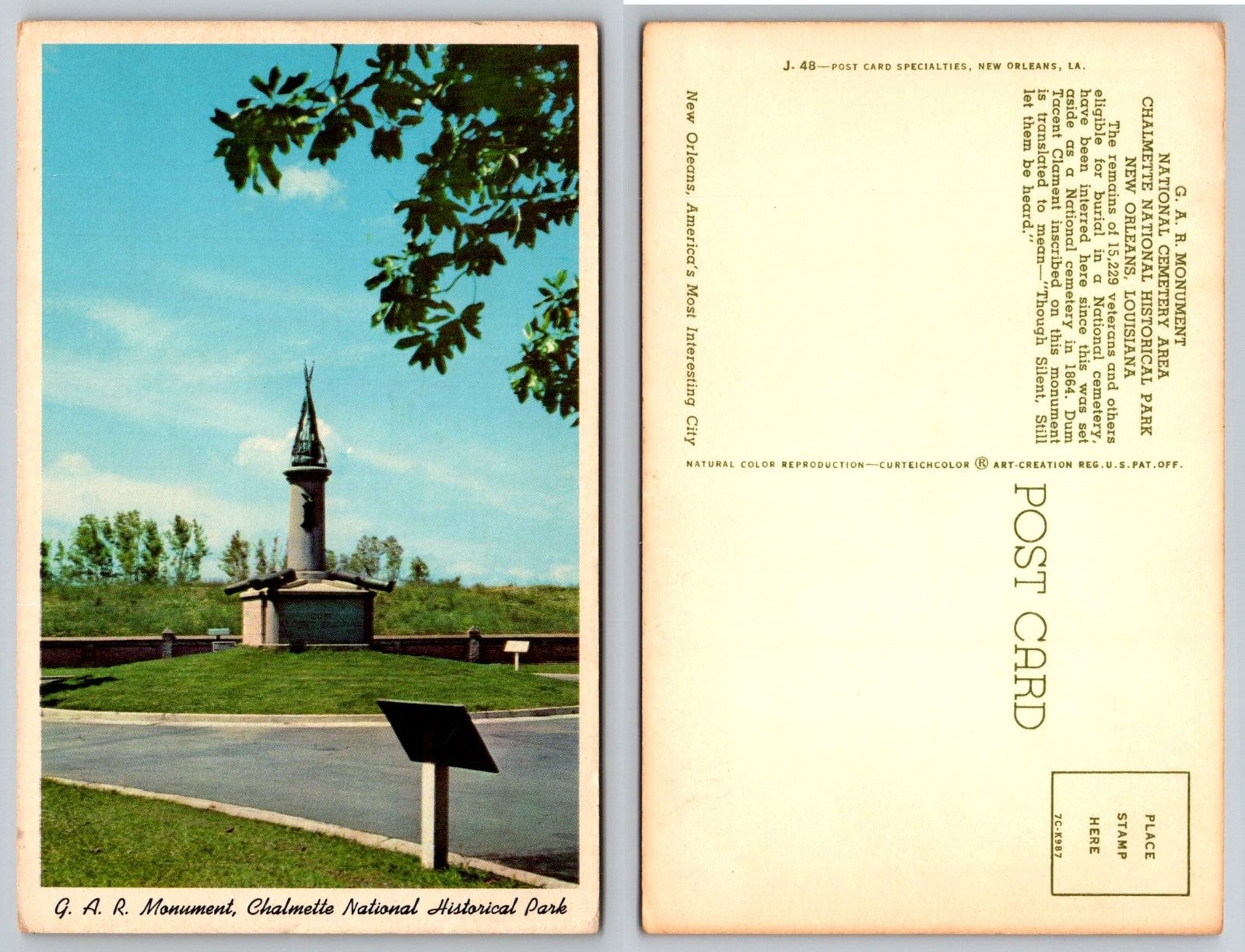 G. A. R. Monument Chalmette National Historical Park New Orleans LA Postcard G. A. R. Monument Chalmette National Historical Park New Orleans LA Postcard