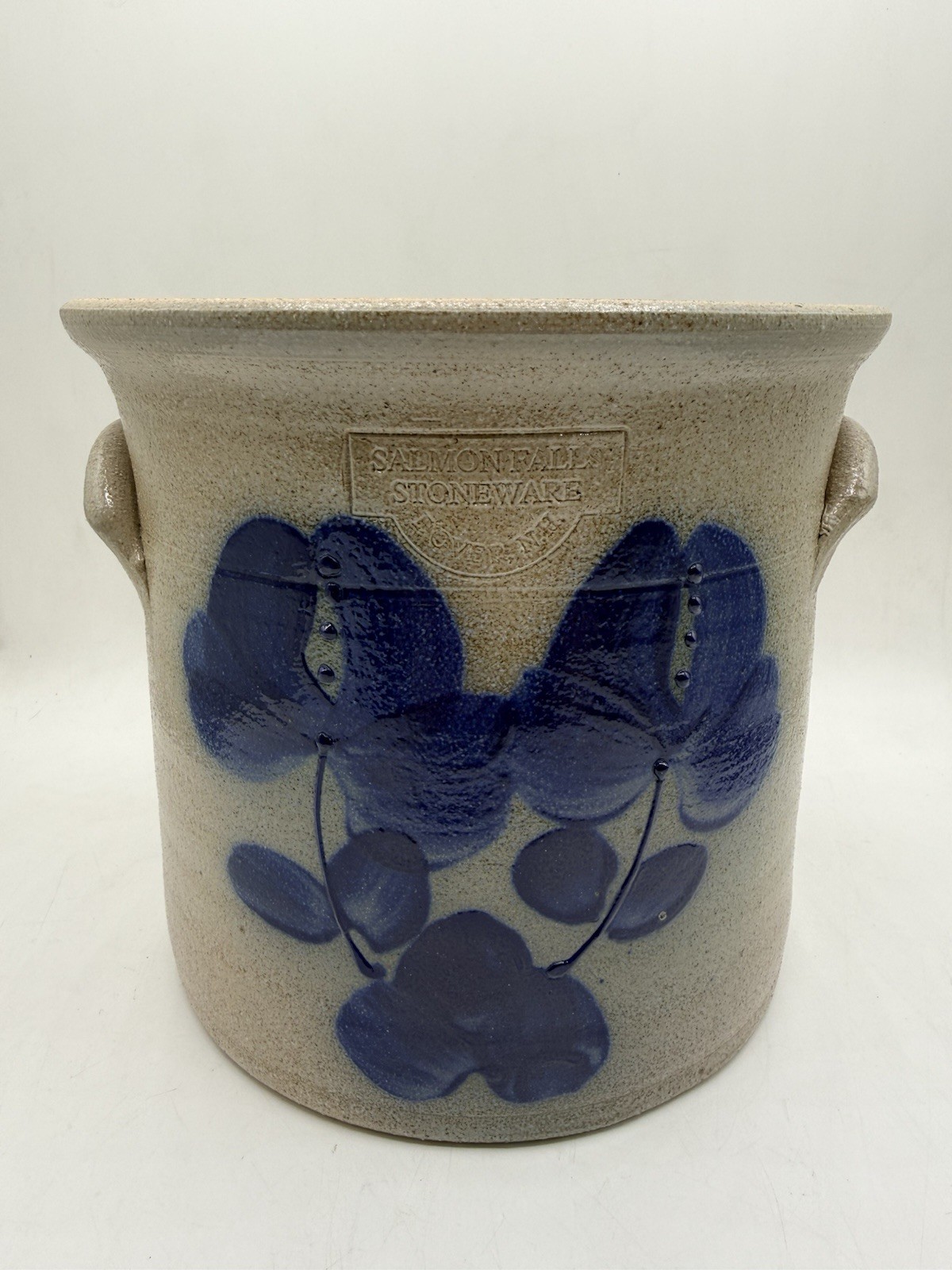 Vintage Salmon Falls Stoneware Dover NH Large Crock Blue Floral Flower Design