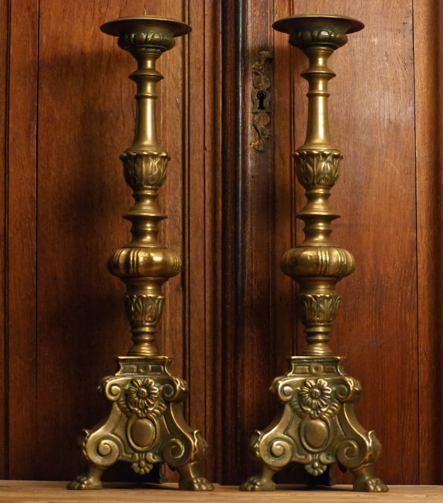 Antique One Pair of Bronze Candlesticks with Lion Paws and Flower decor 1800's