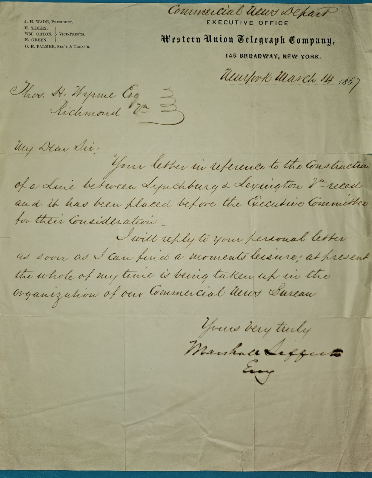 1867 Western Uni0n Letter Signed Marshall Lefferts Telegraph VA Line