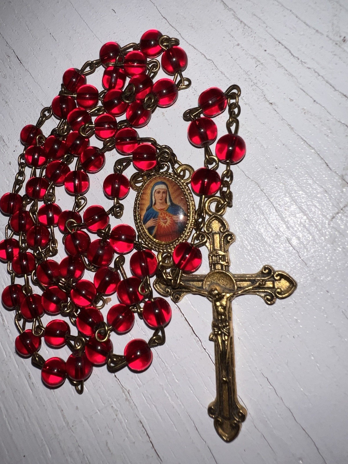 Vintage Ruby Red Glass Bead Catholic Rosary Immaculate Heart Mary Brass Crucifix