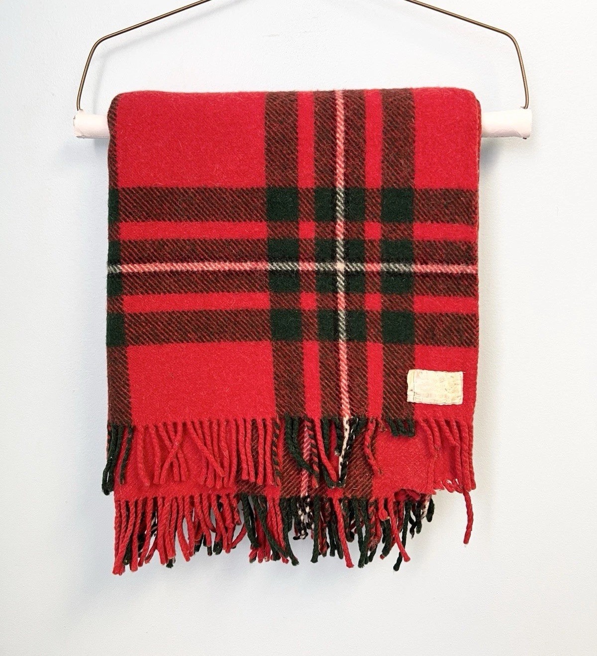 Vintage Red Plaid Wool Blanket Throw Tartan Fringe Cabin Lodge Rustic 63x55