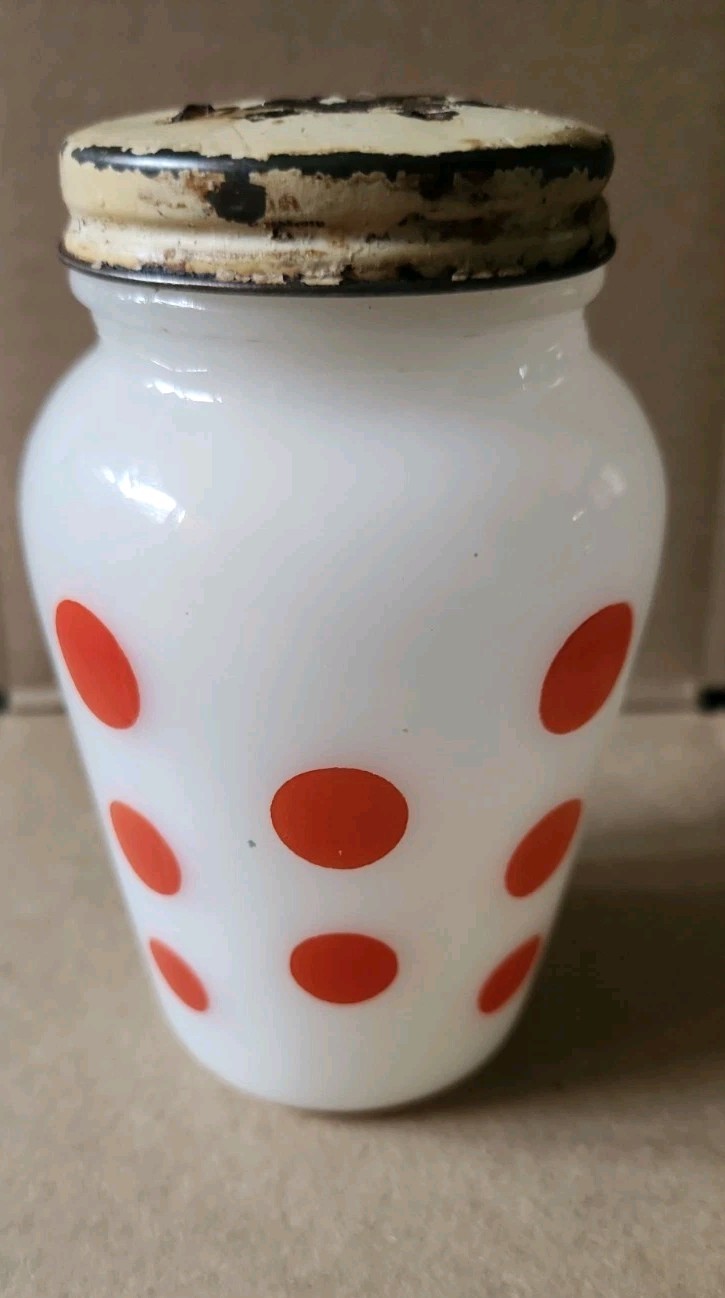 VTG Anchor Hocking Fire King Red Polka Dot Pattern Salt Shaker Milk Glass