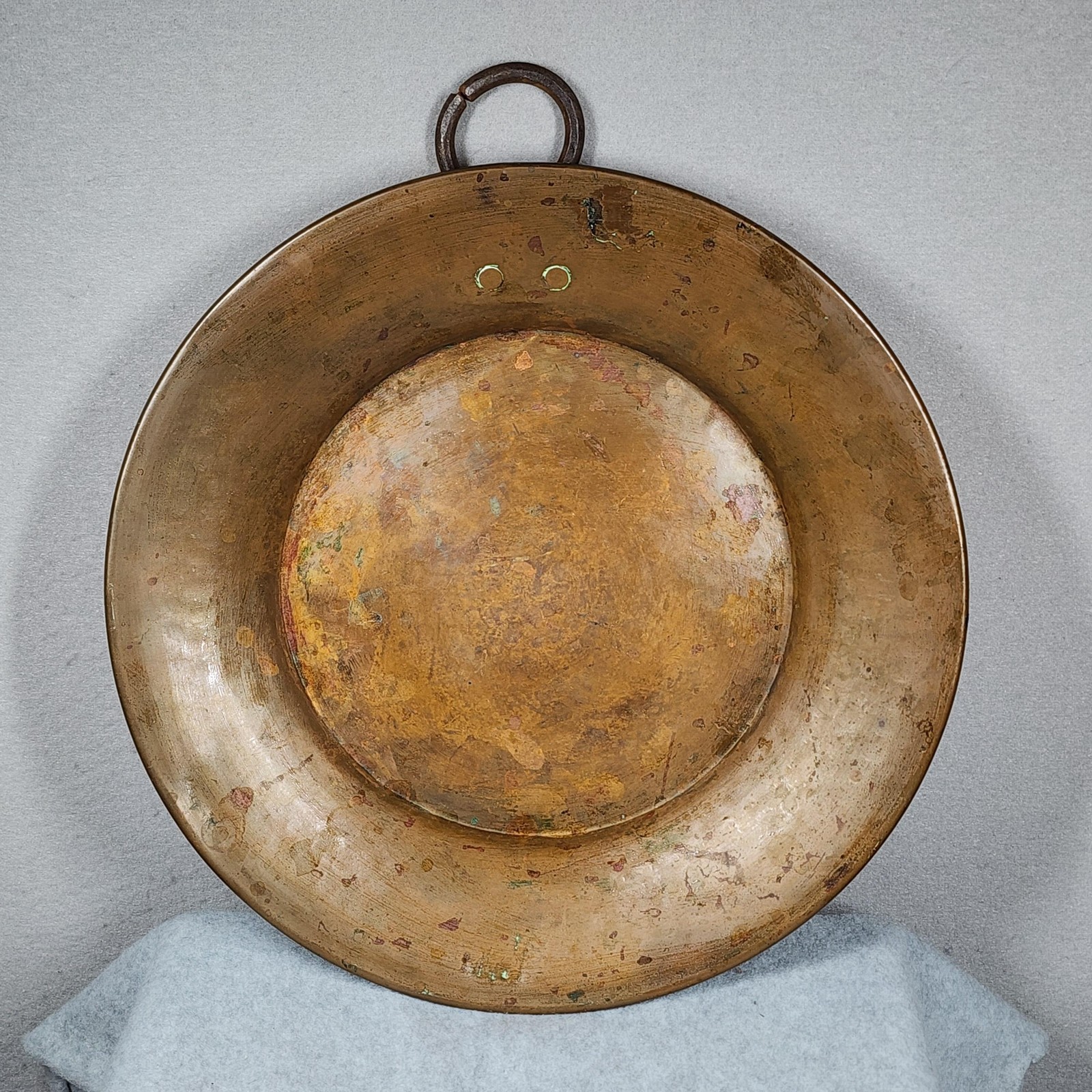 Antique Copper Hanging Wall Pan Iron Ring Handle 15” Hearth Farmhouse Rustic