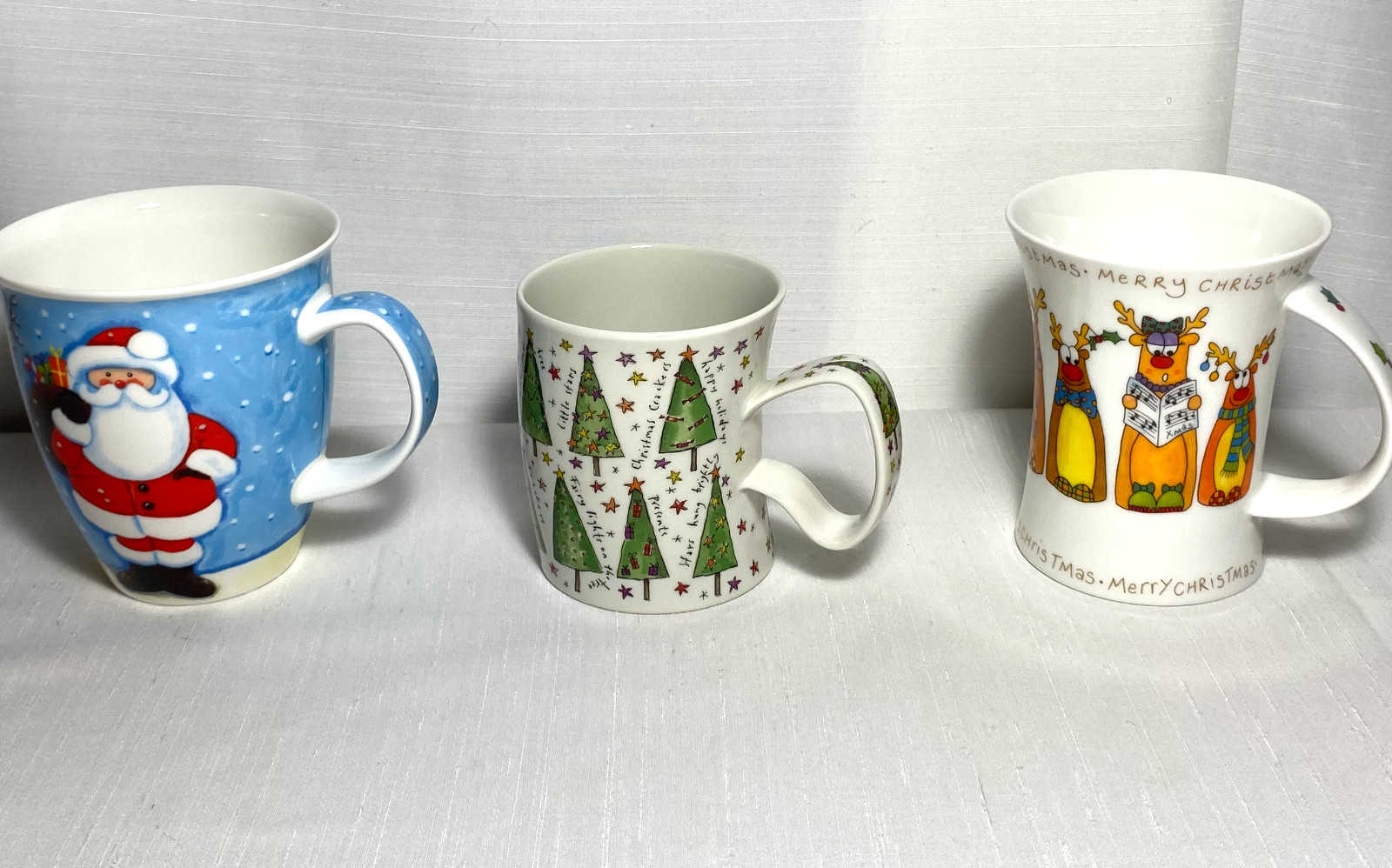 3 Dunoon Christmas Bone China Mugs - Sarah Mercer Reindeer Santa Black Dog Trees