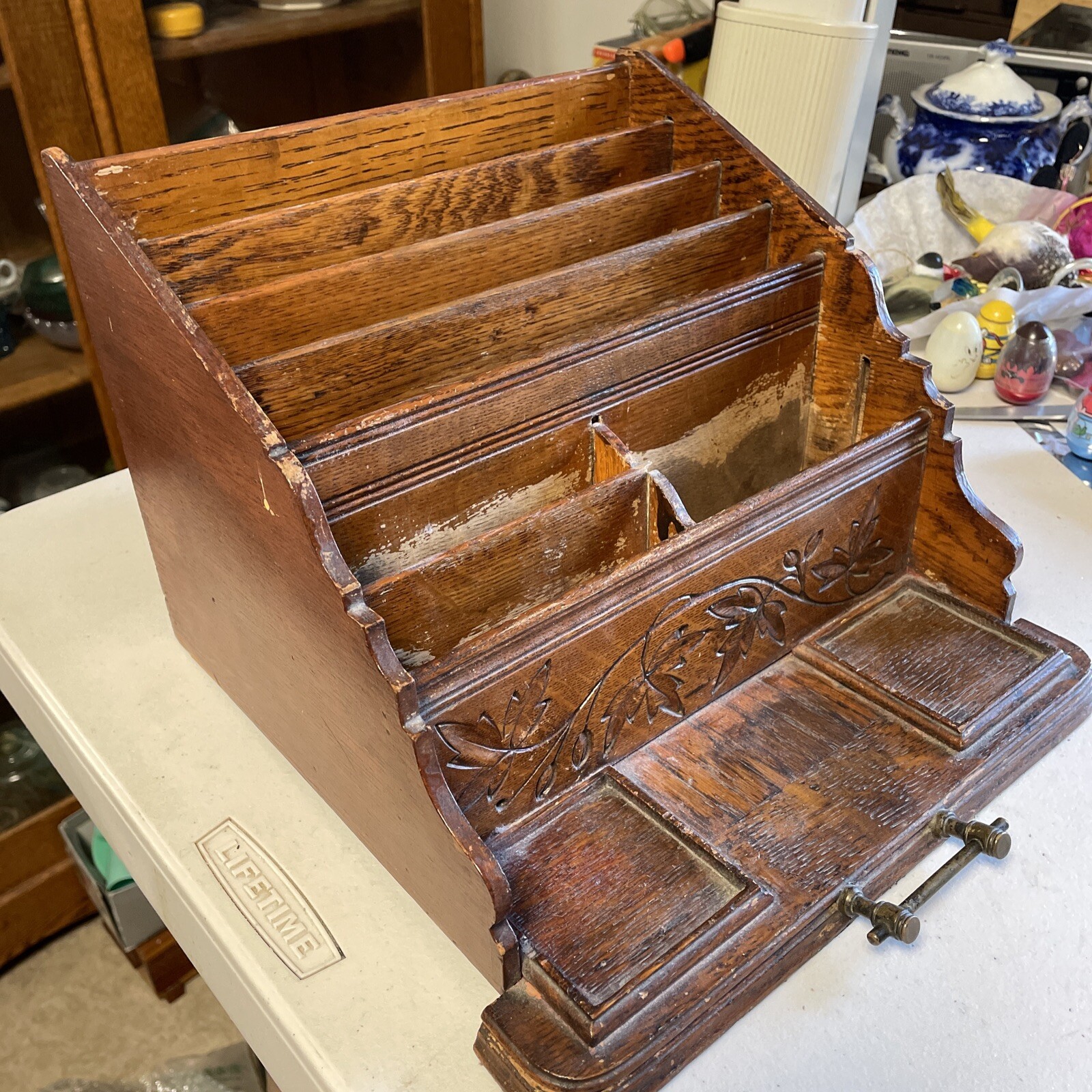 Oak DESK TOP STATIONARY ORGANIZER CADDY Cubby Rare 1880's Oak DESK TOP STATIONARY ORGANIZER CADDY Cubby Rare 1880's