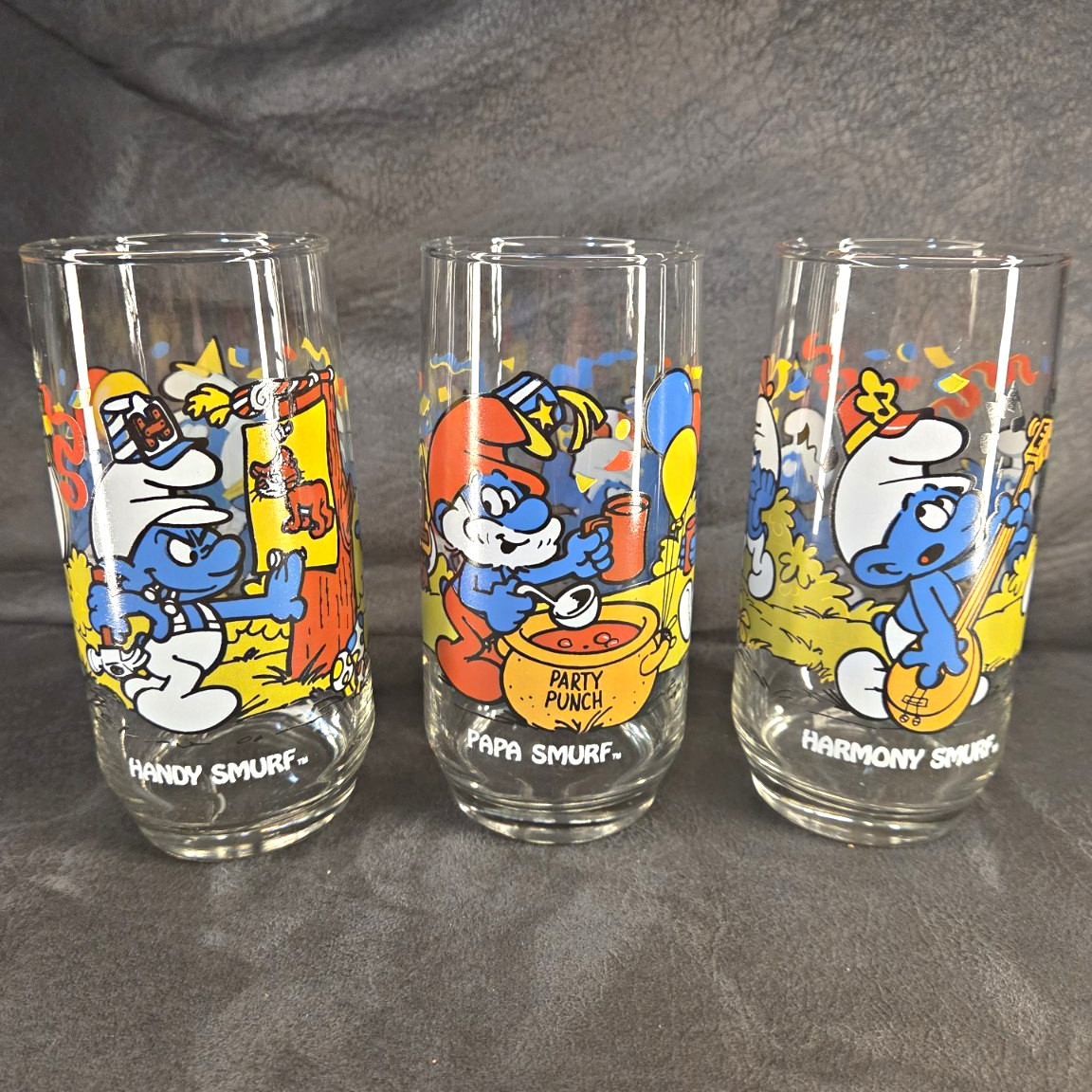 Vintage 1982 Wallace Berrie Smurfs Party Glass Tumbler Papa Handy Harmony Set 3