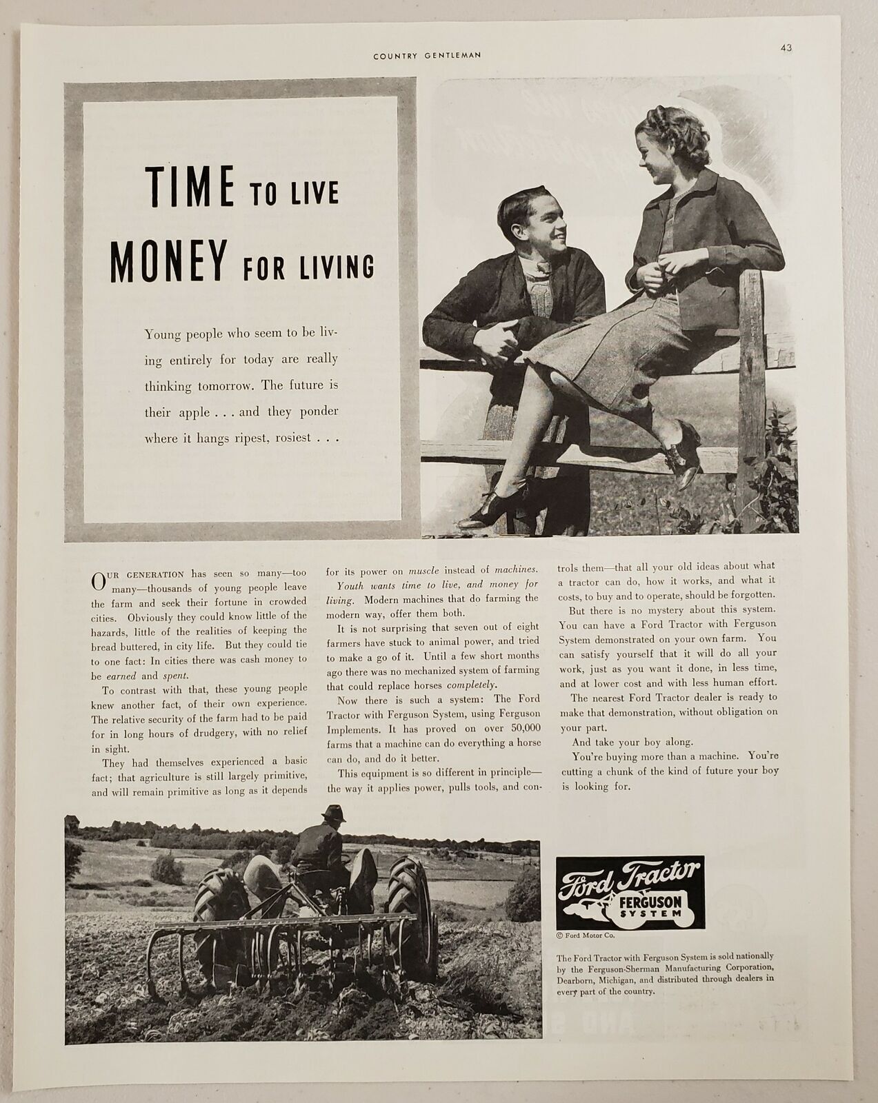 1941 Print Ad Ford Tractor with Ferguson System Farmer Plows Field