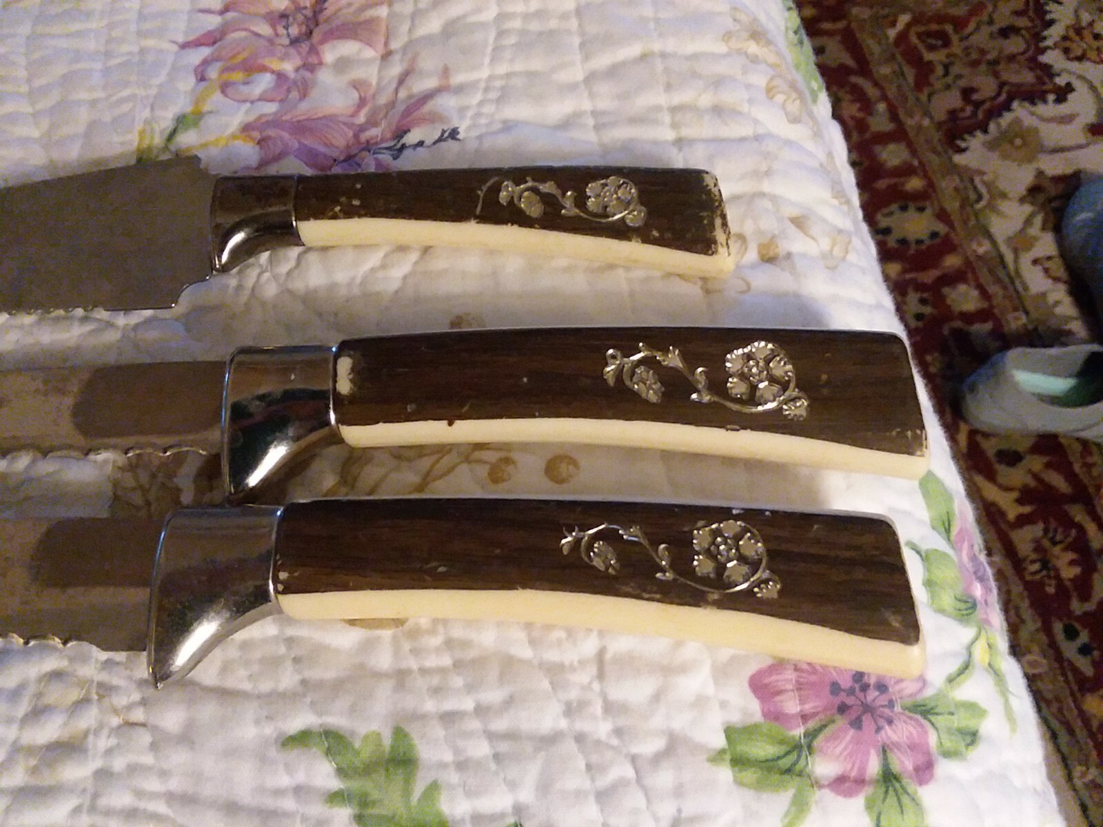 3 Vintage Regent Sheffield Warwick Ivory woodgrain Handle knife set mid century 3 Vintage Regent Sheffield Warwick Ivory woodgrain Handle knife set mid century