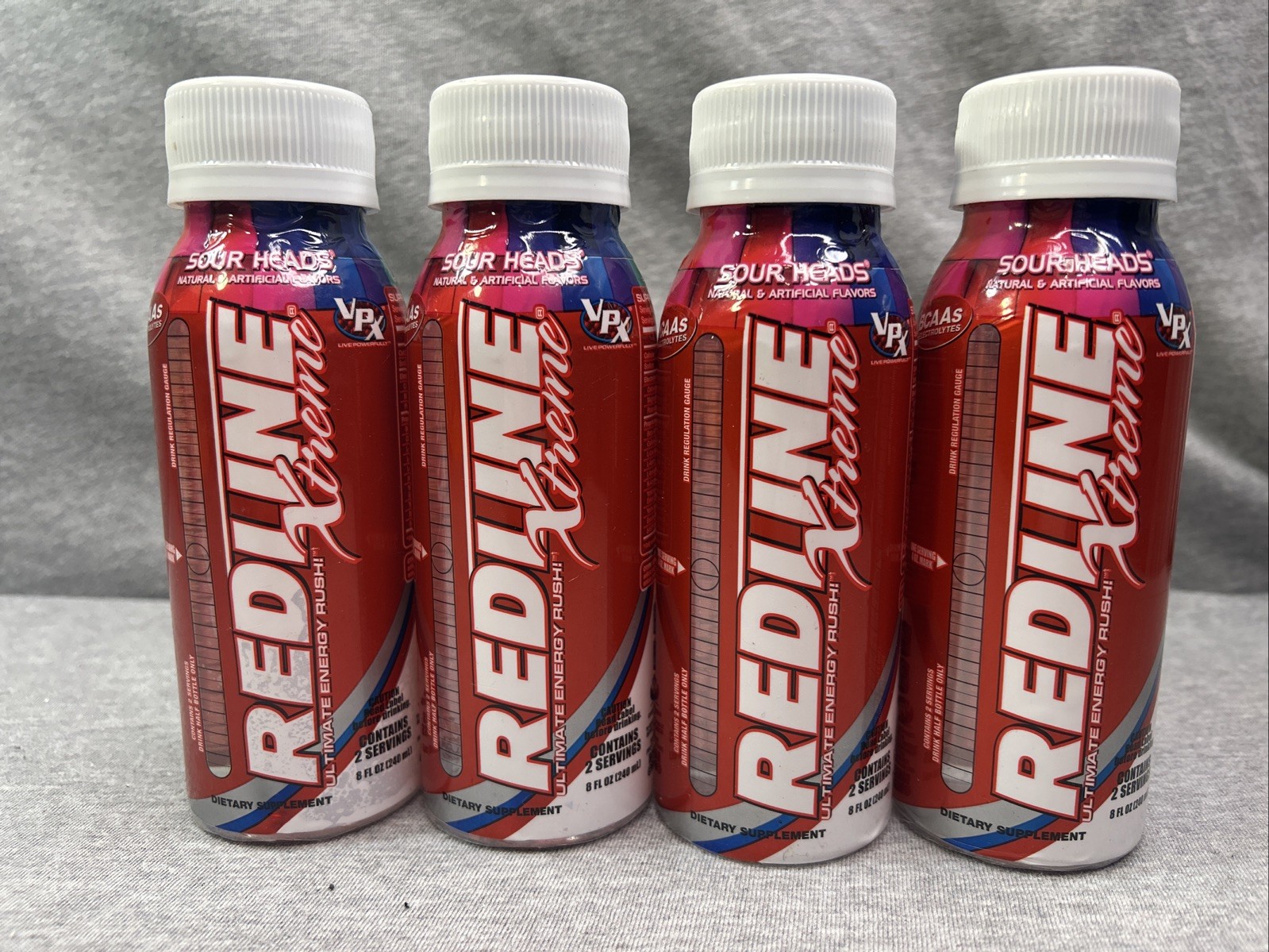 VPX Redline Xtreme Energy  Sour Heads 4 BOTTLES Rare Discontinued Expired 3/23
