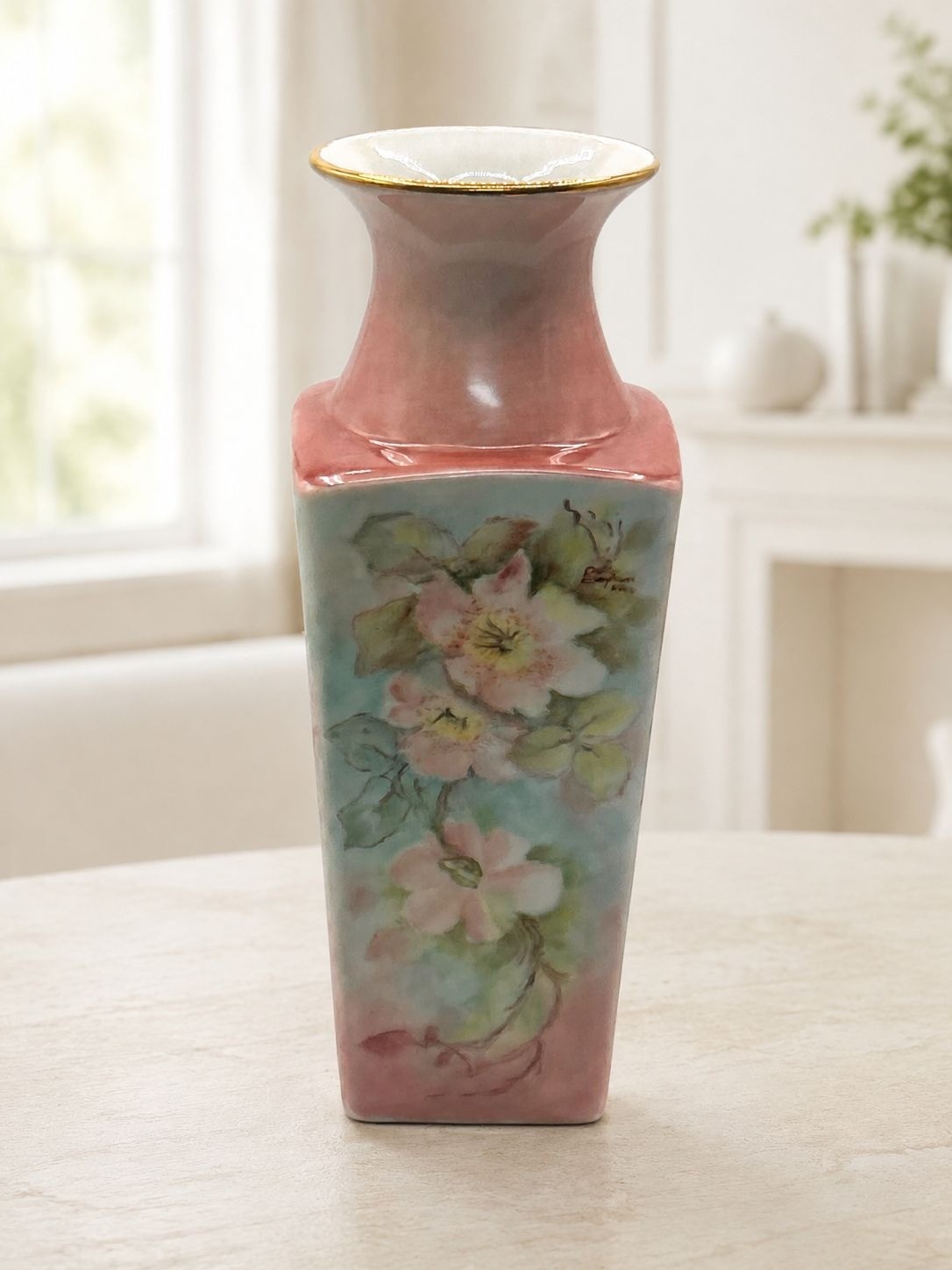 Vintage Hand-Painted Porcelain Vase Pink Roses Gold Rim Signed 1990 
