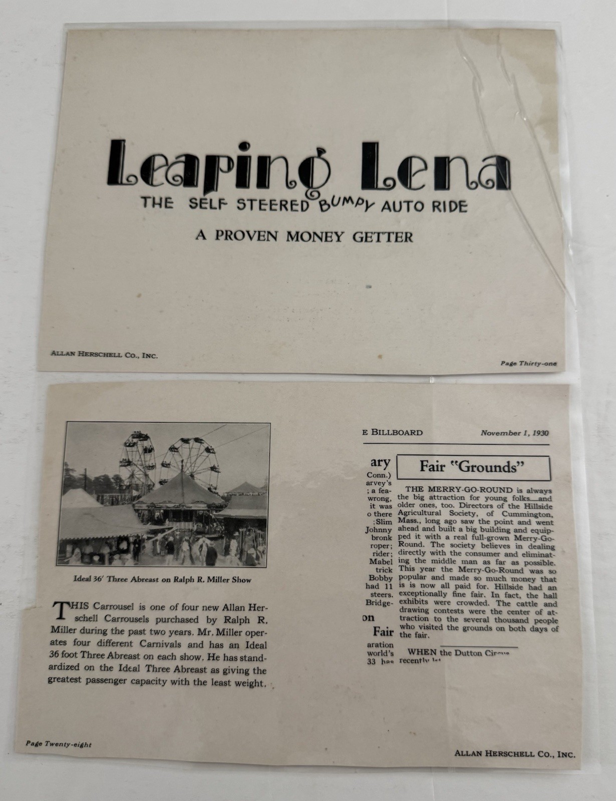 Antique 1920\'s Pages From Allen Herschel Co Merry-GoRound Catalog 6 READ DES 