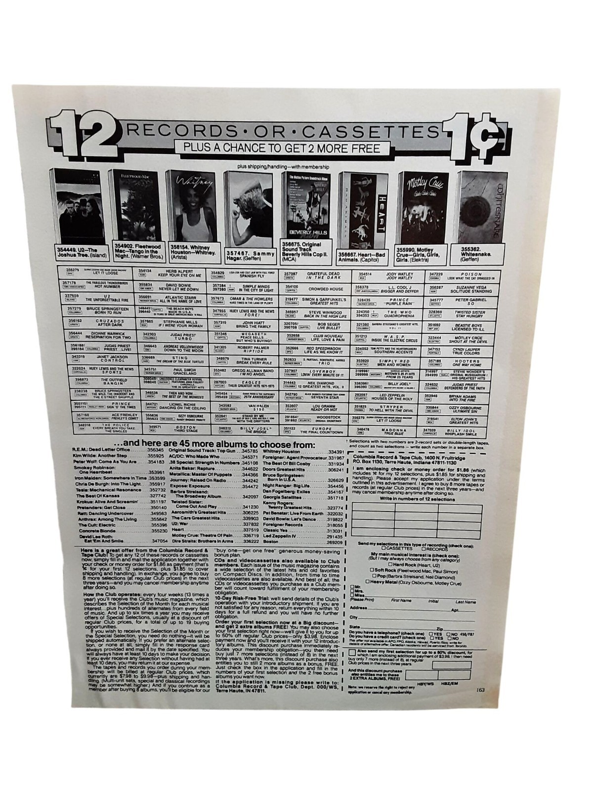 1987 Columbia House Music Club 12 Records Cassettes 1 Cent Vintage Ad