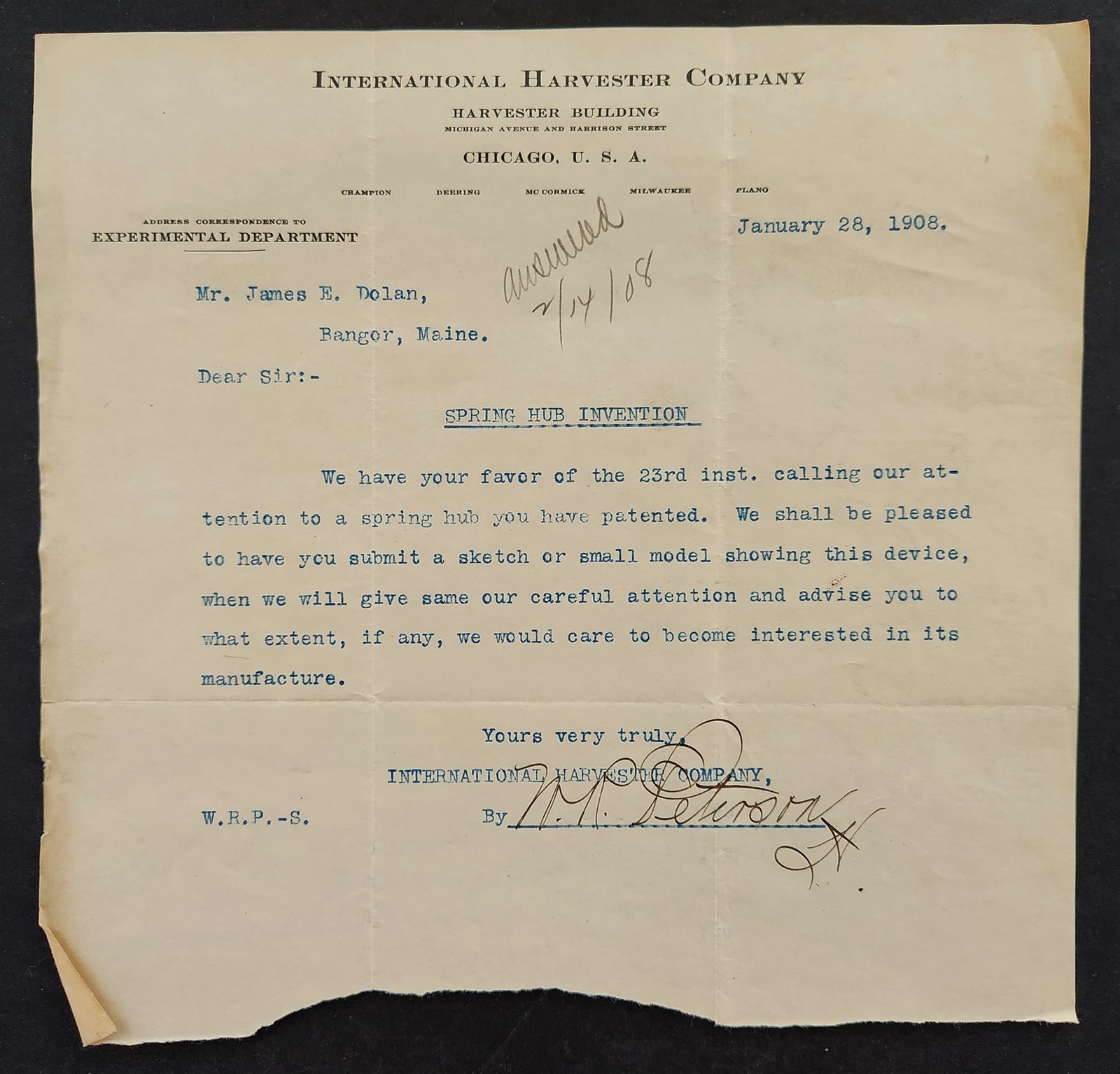 1908 vintage INTERNATIONAL HARVESTER Co chicago il LETTERHEAD dolan bangor me IH