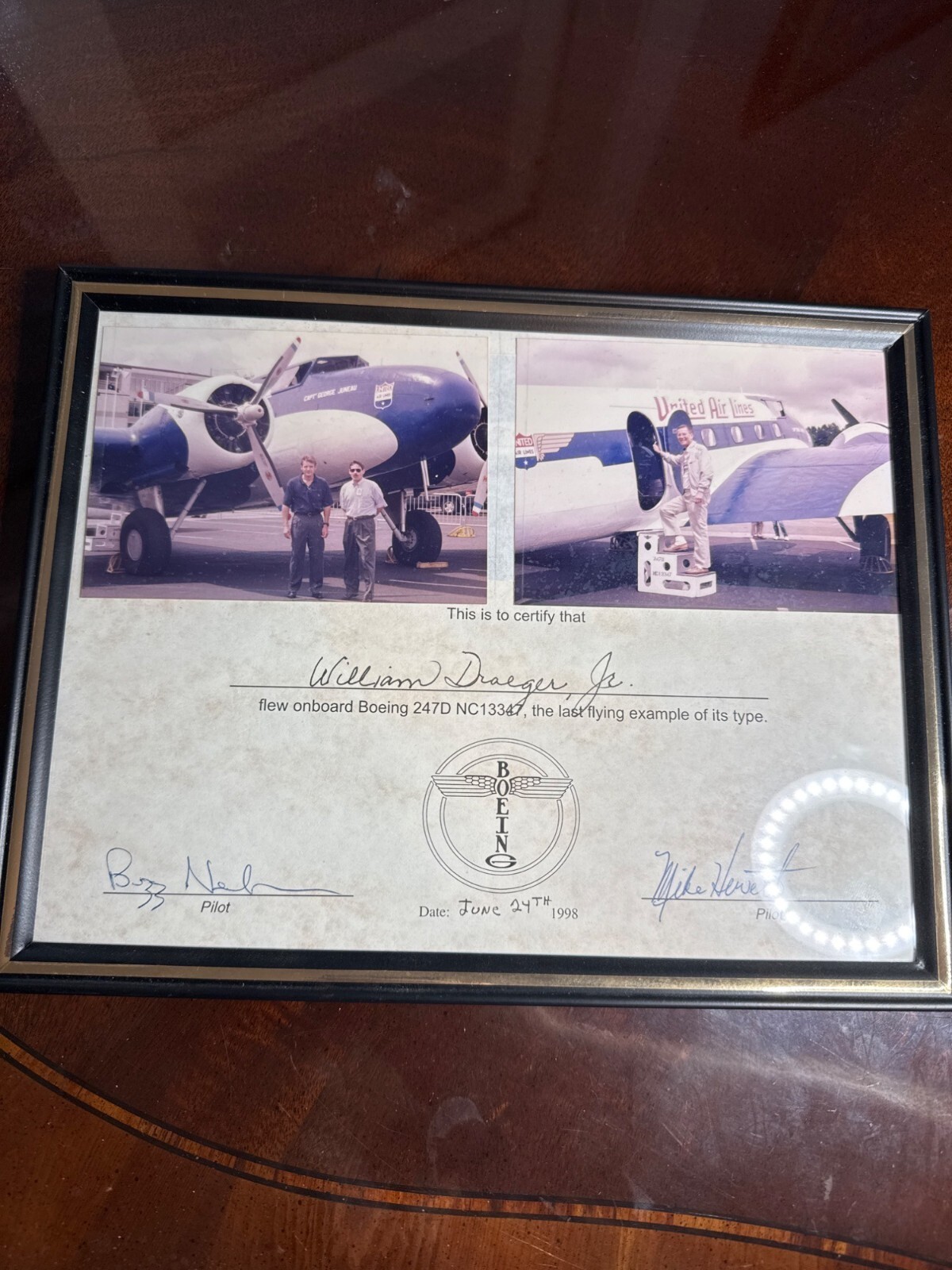 Vintage United Airlines Boeing 247D Last Flight Certificate Photos & Pilot 50-21