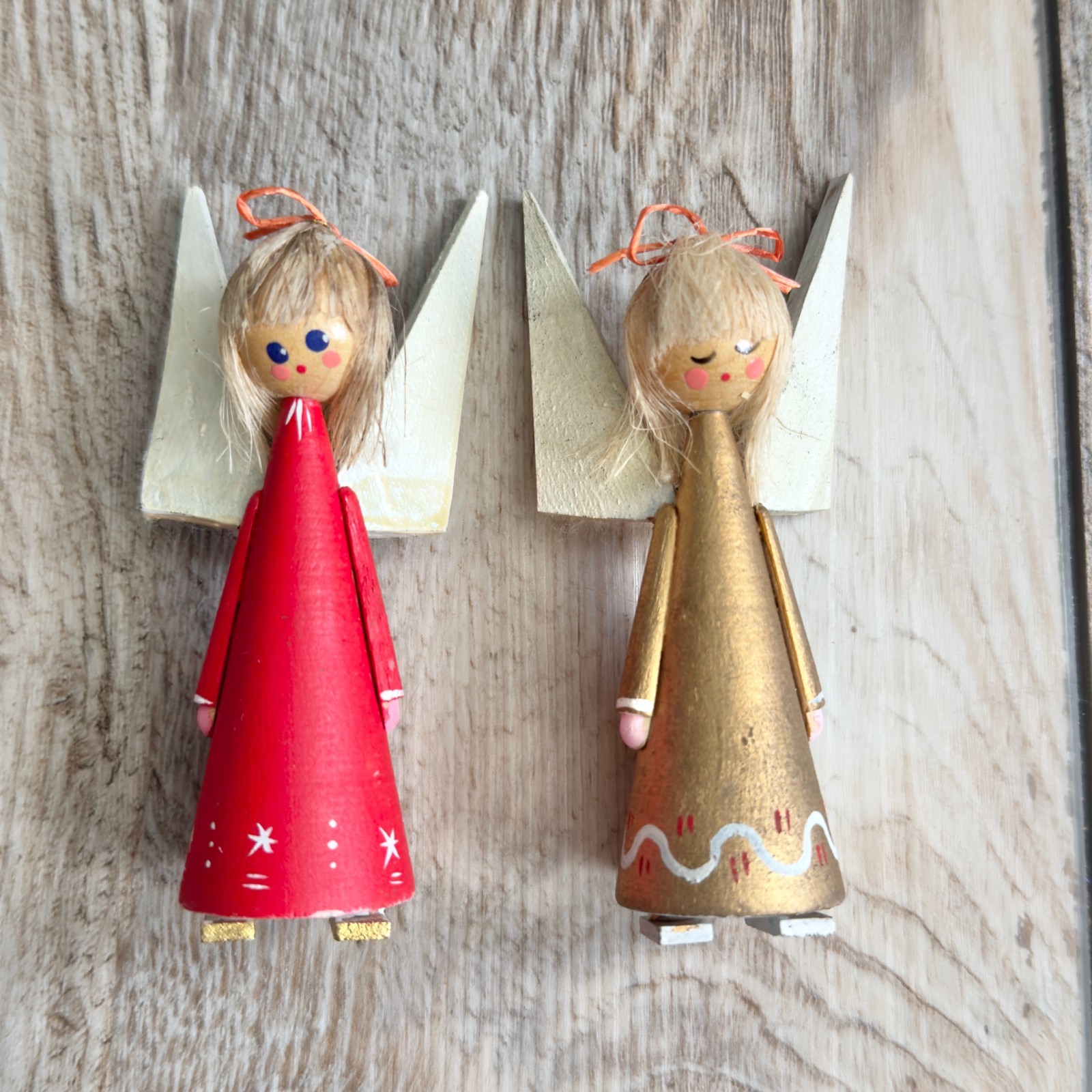 Vintage Wooden Angel Figurine Pair MCM Christmas Decor Folk Art Hand Painted