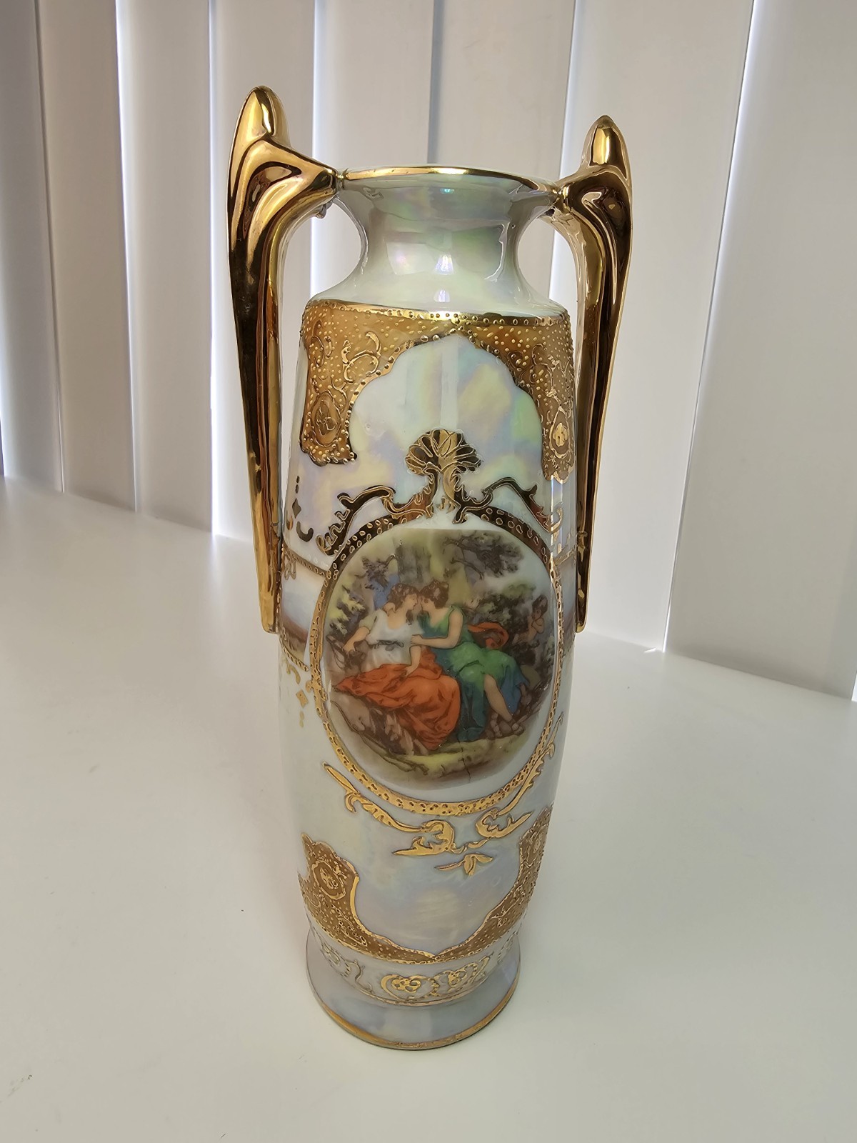 Vintage Limoges China Ceramic Vase 1950s Style Gold Gilt Iridescent Double Handl