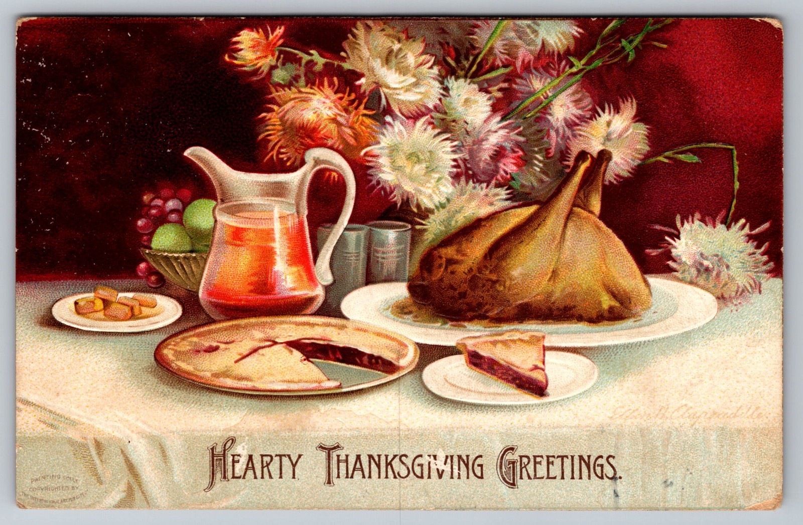 Antique Postcard Embossed Thanksgiving Greetings Feast on Table Turkey Pie