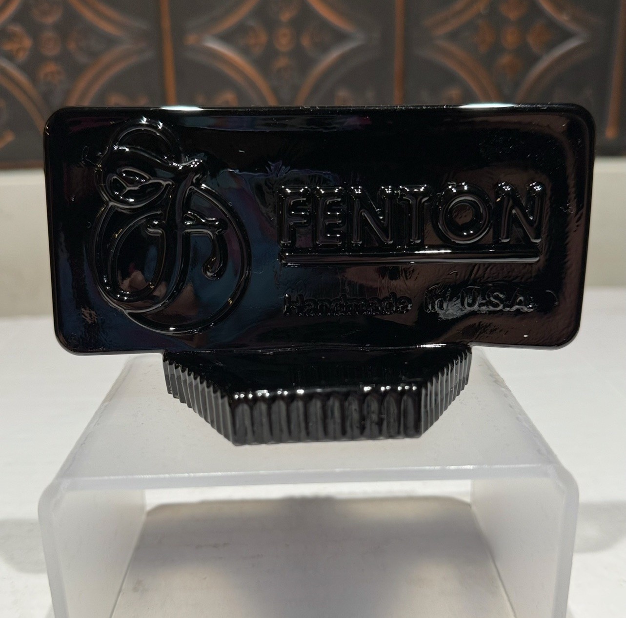 HTF Rare Fenton Black Glossy Logo Dealer Sign 5” signed by W. C. (Bill) Fenton