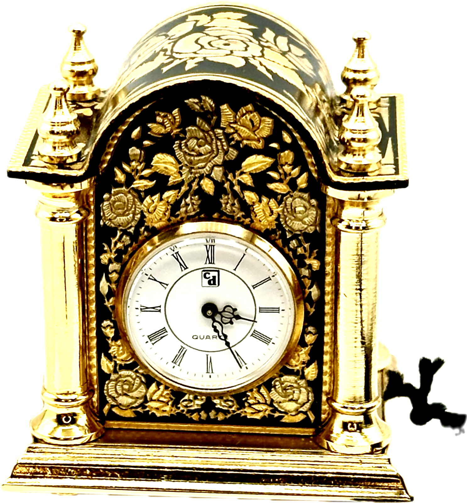 Miniature Mental Carriage Clock 24K Gold Trim Rose Design Credan Spain BRAND NEW
