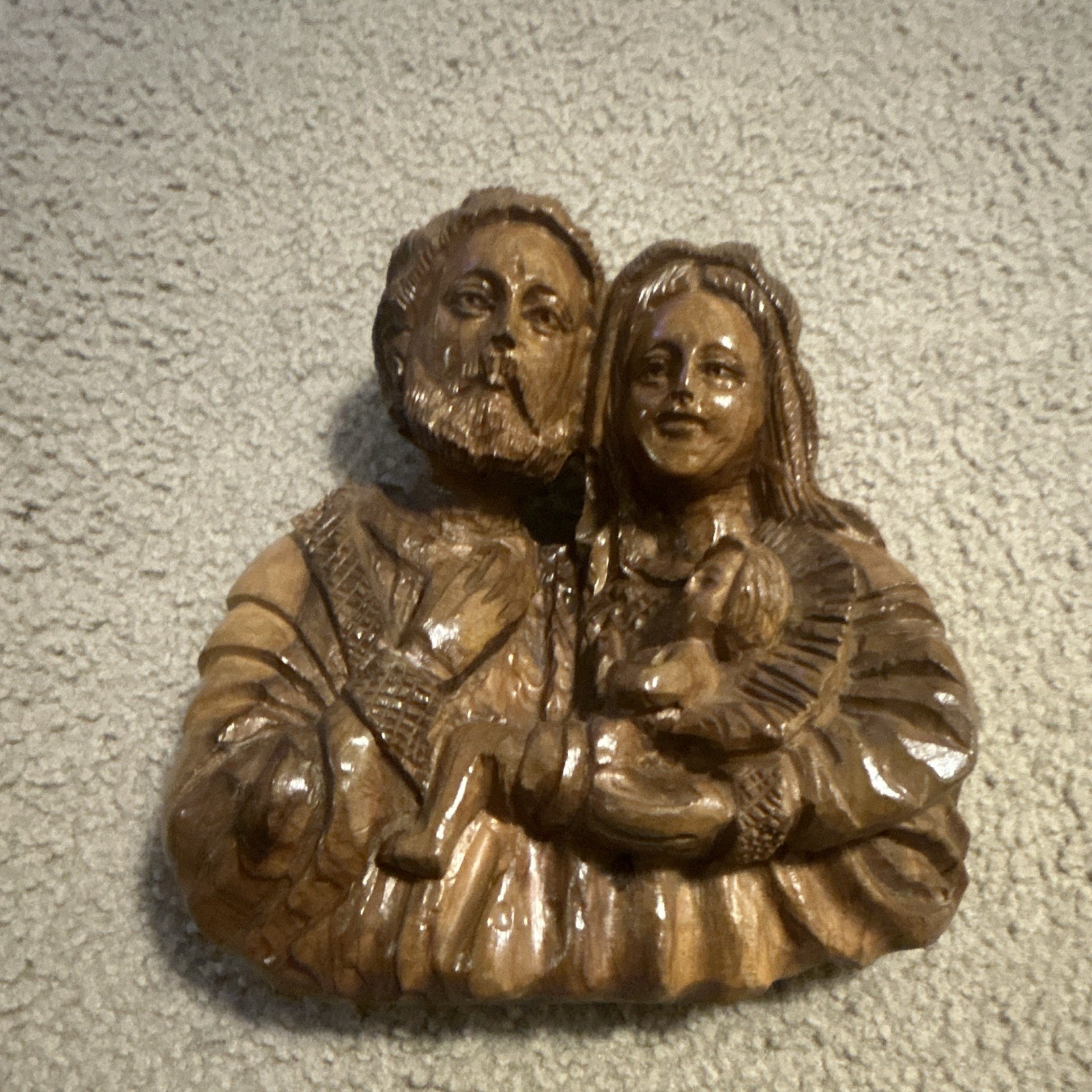 Hand-Carved Wooden Sculpture of Joseph Mary and Jesus On Wood Base 8.5