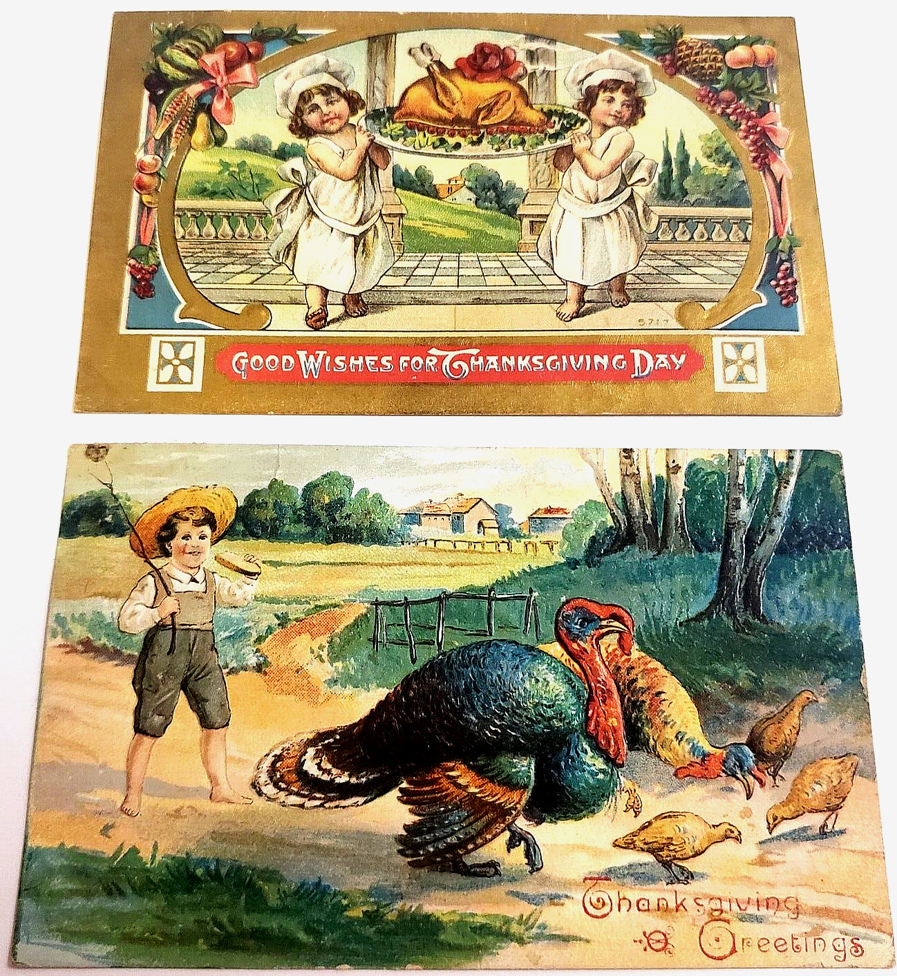 THANKSGIVING Holiday Wishes & Greetings (LOT OF 2) Antique 1909 Turkey POSTCARDS