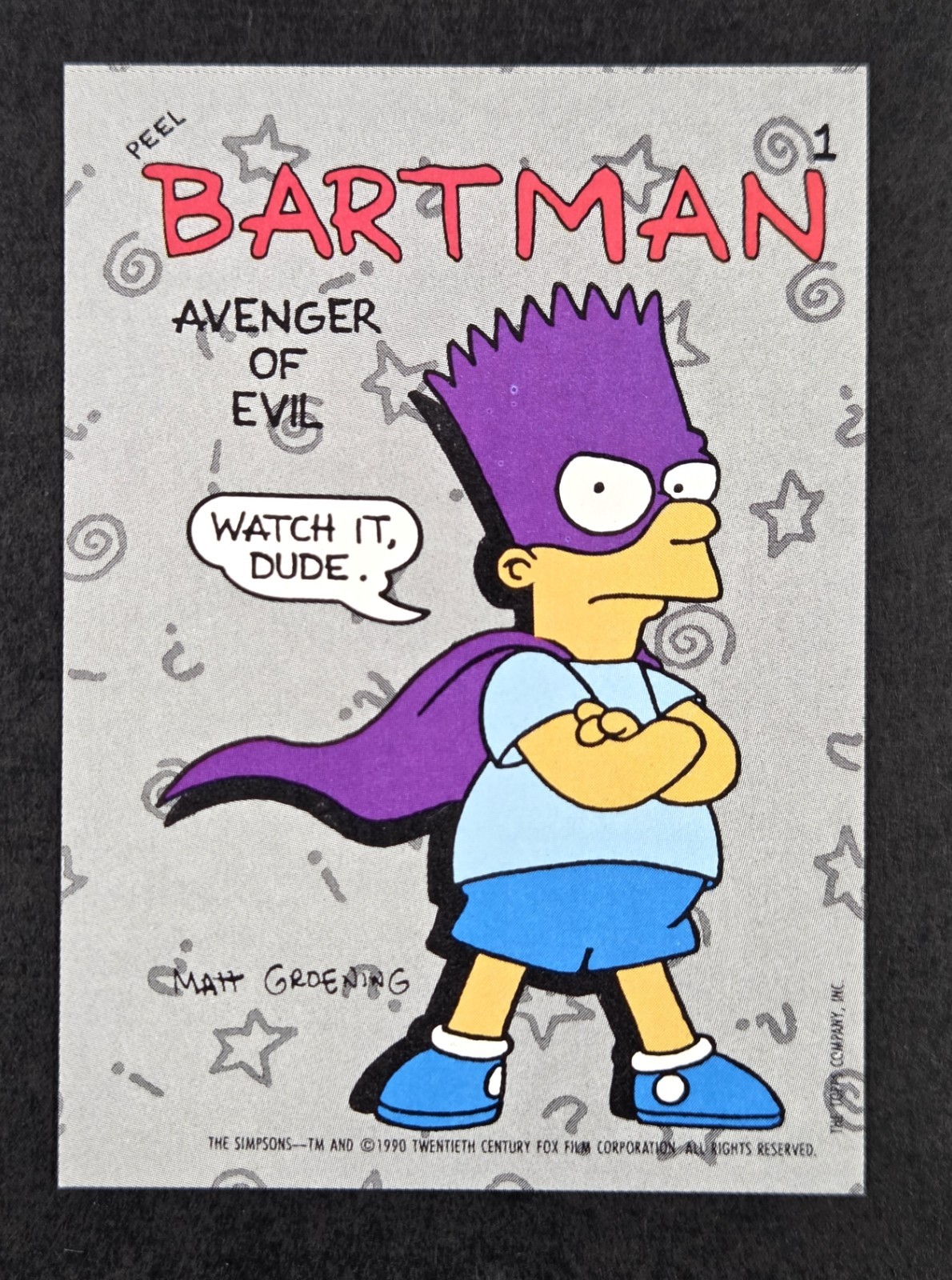 1990 Topps The Simpsons Bartman Avenger Evil #1 Sticker Bart Rookie Card