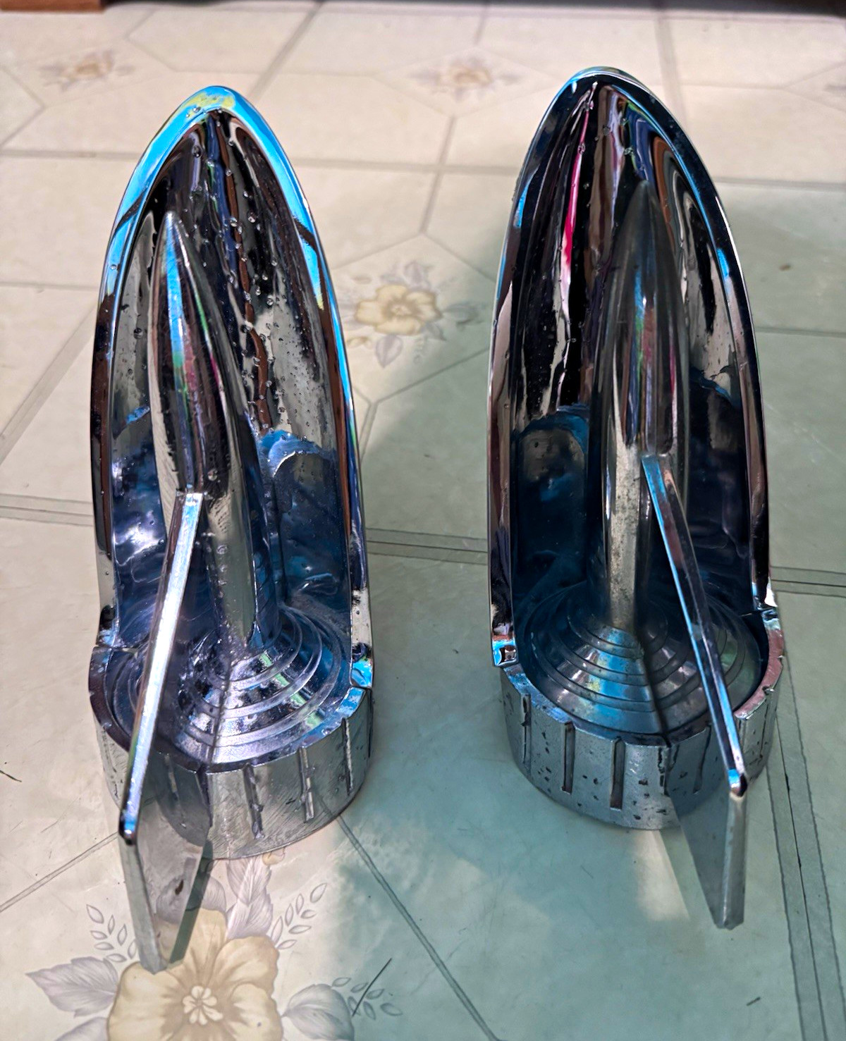 1957 Chevy . 1 Pair Chrome Hood rockets  / with coves - Matching Left & Right