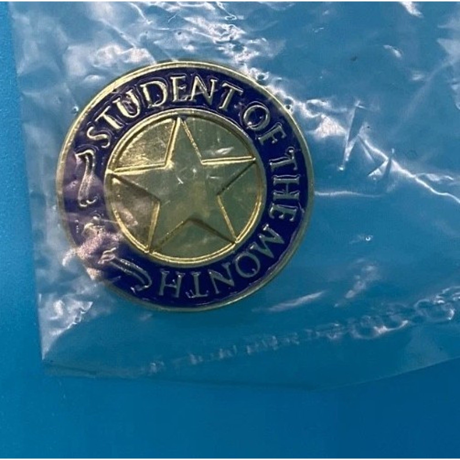 Student of the Month Pin Gold Blue Enamel Round Button Style New in Bag Student of the Month Pin Gold Blue Enamel Round Button Style New in Bag