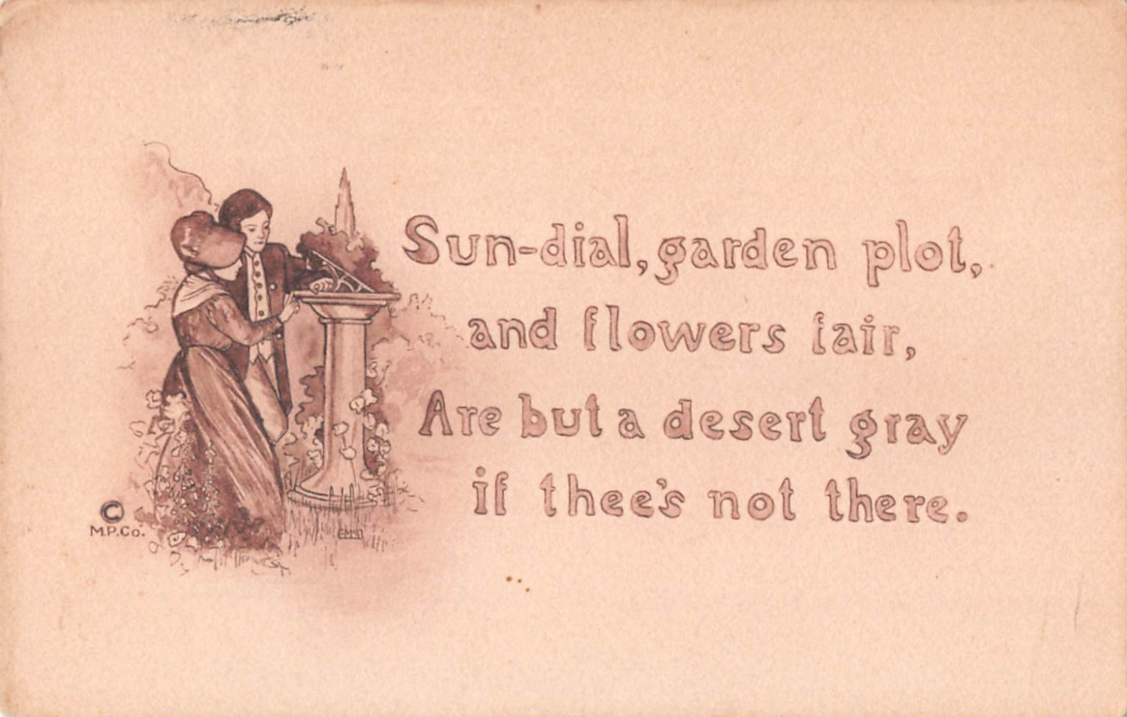 Romantic Old Sepia-Toned PC of Quaker Lovers Standing by a Sundial