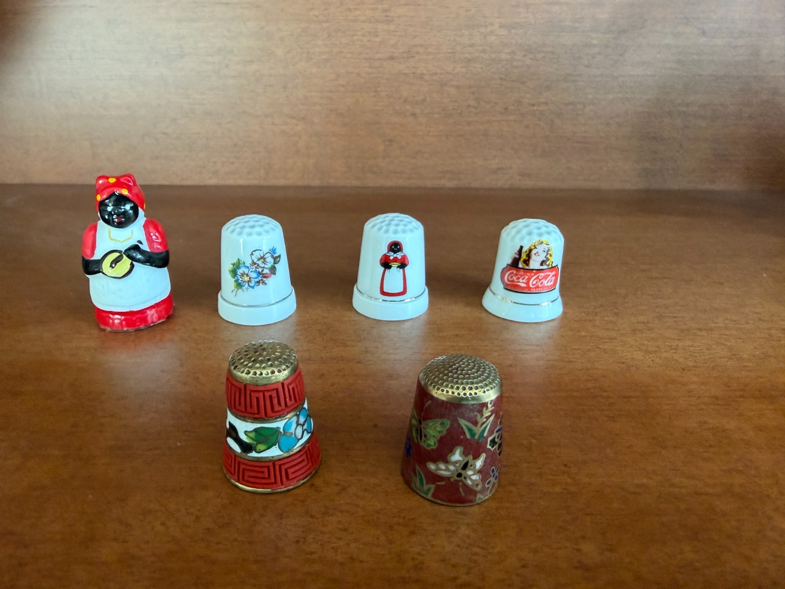Lot of 6 Vintage Brass & Enamel Cloisonne & Ceramic Thimbles Coca Cola & others Lot of 6 Vintage Brass & Enamel Cloisonne & Ceramic Thimbles Coca Cola & others