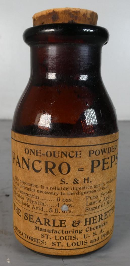 Antique PANCRO = PEPSIN Bottle Apothecary Searle & Hereth Co 1906 Original Label