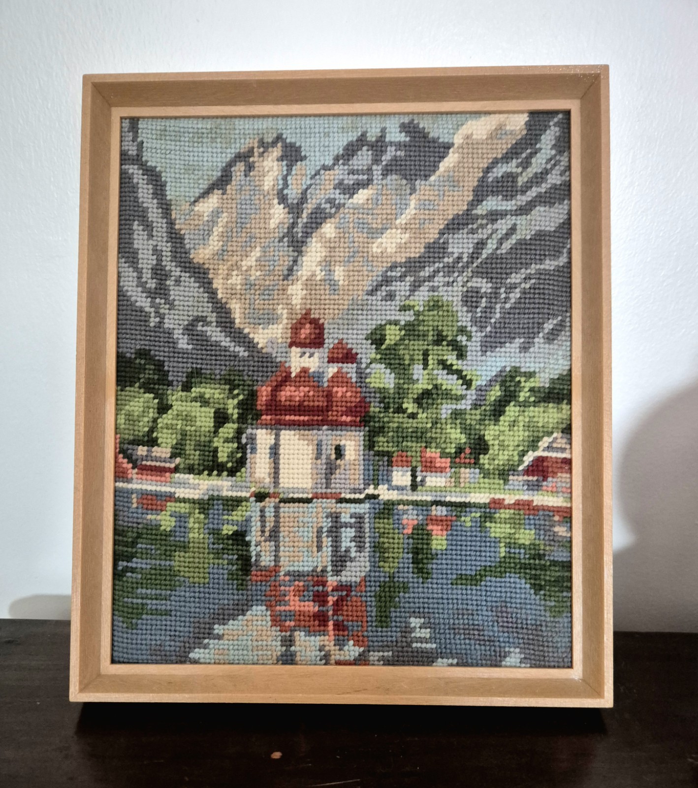 Vintage Framed Needlepoint Tapestry St Bartholomä Königssee Bavaria Germany