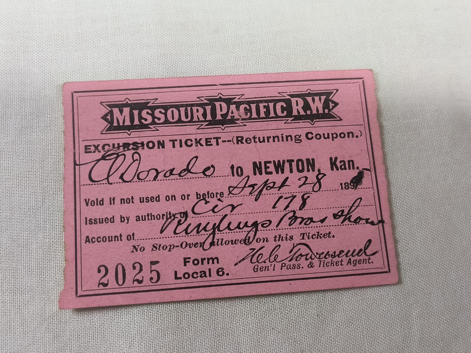 Missouri Pacific Rw Excursion Ticket Coupon Eldorado to Newton, Kan 1896