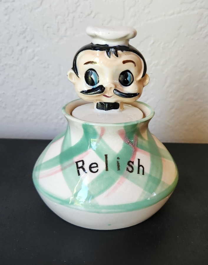 Vintage 1950s Napco Chef Relish Condiment Jar with Spoon Lid - Japan