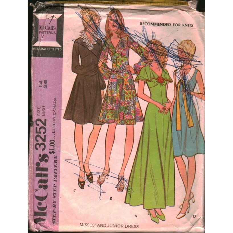 Vintage 1972 McCalls 3252 Sewing Pattern Misses Junior Dress Knit Maxi Size 14 Vintage 1972 McCalls 3252 Sewing Pattern Misses Junior Dress Knit Maxi Size 14
