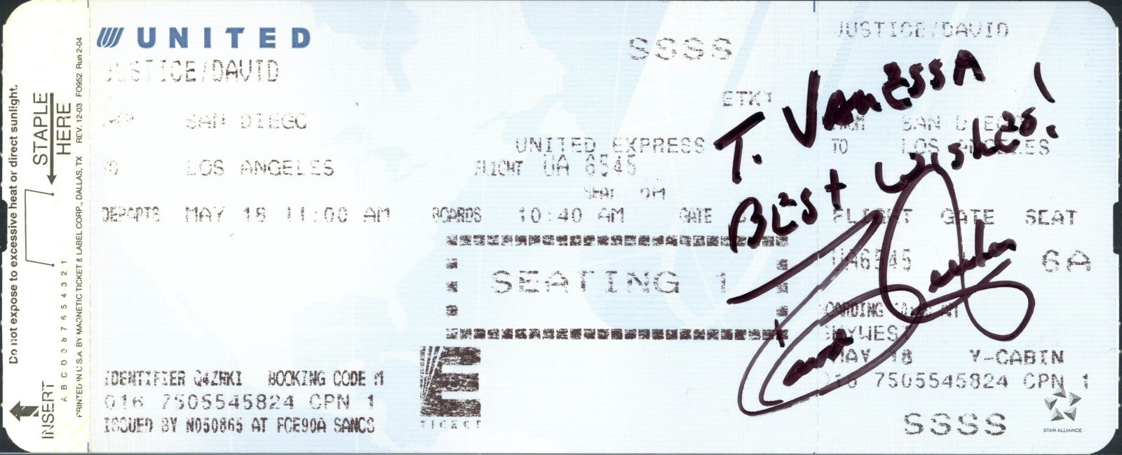 David Justice Autographed Boarding Pass