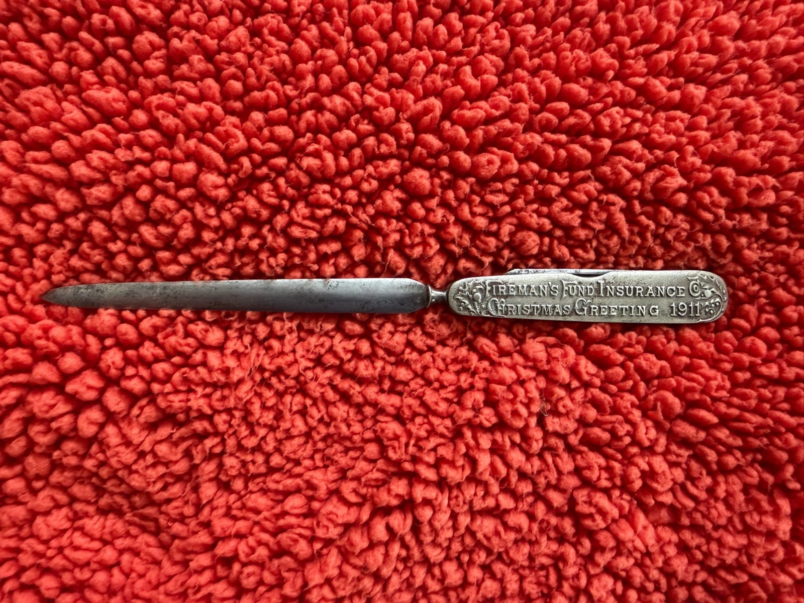Fireman\'s Fund Insurance 1911 Christmas Greeting Silver Letter Opener Knife Fireman\'s Fund Insurance 1911 Christmas Greeting Silver Letter Opener Knife