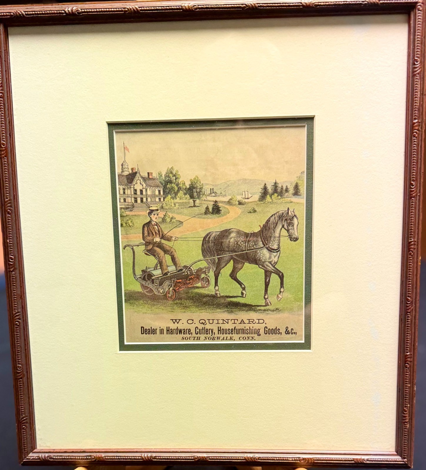 1882 Vintage WC Quintard Victorian Trade Card Framed Horse Lawn Mower Print Art