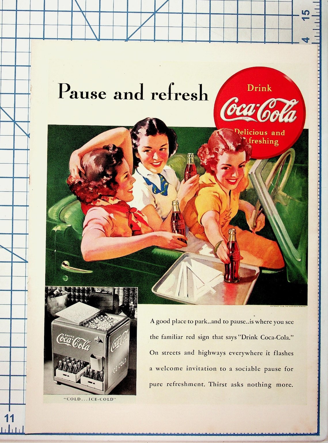 Vintage 1938 Coca-Cola Ad Pause and Refresh Drive-In Girls Coke Cooler Vintage 1938 Coca-Cola Ad Pause and Refresh Drive-In Girls Coke Cooler