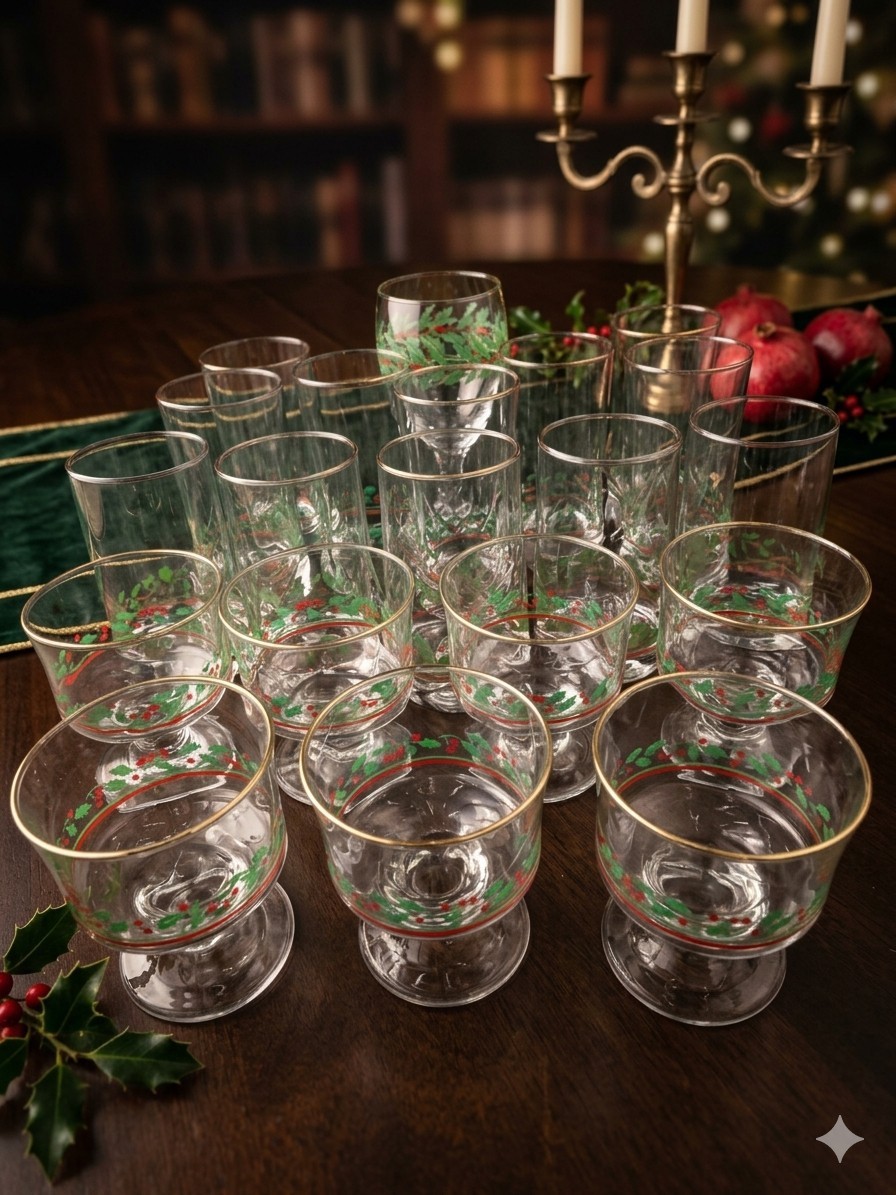 20 Vtg Arby’s Libbey Christmas Glasses Lot Holly Berry Gold Rim Sherbet Tumbler