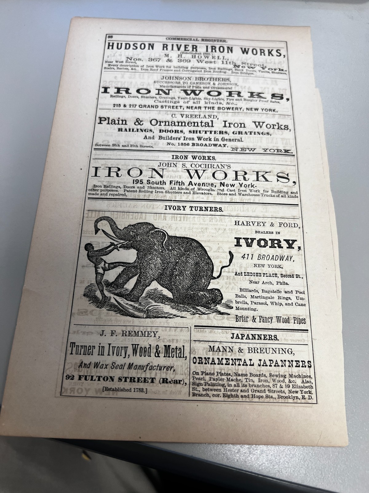 1870s Directory Page 411 Broadway New York City Harvey Ford Dealers in Ivory