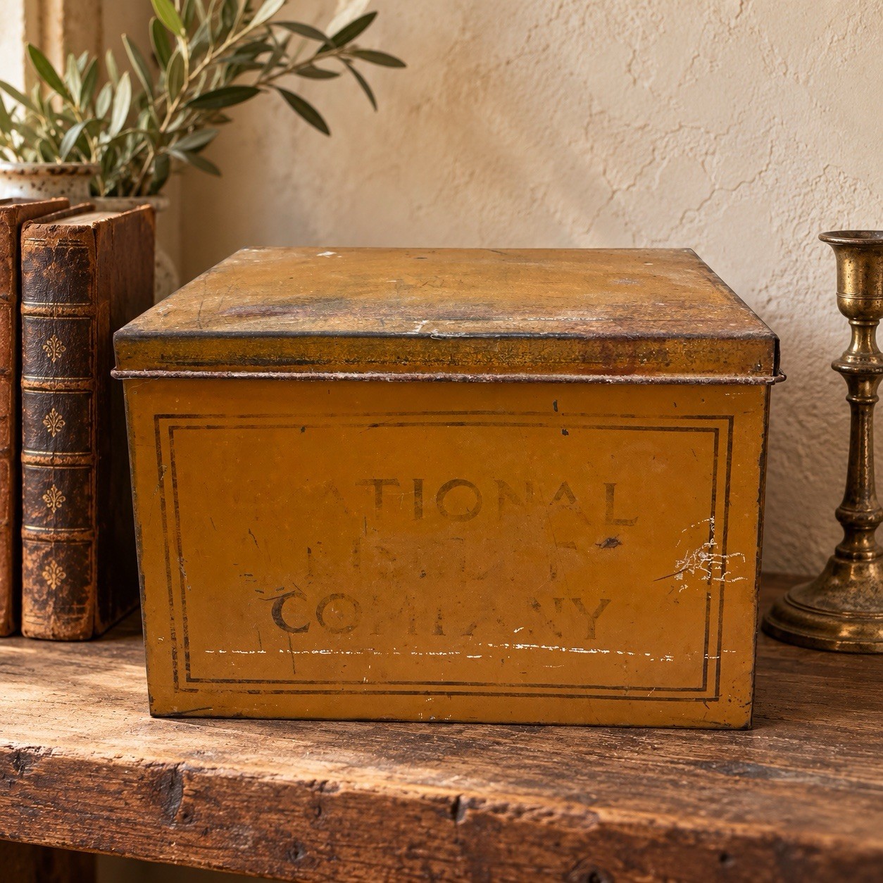 Vintage National Biscuit Company Tin Box Mustard Paint Hinged Lid 10x7x7 Vintage National Biscuit Company Tin Box Mustard Paint Hinged Lid 10x7x7