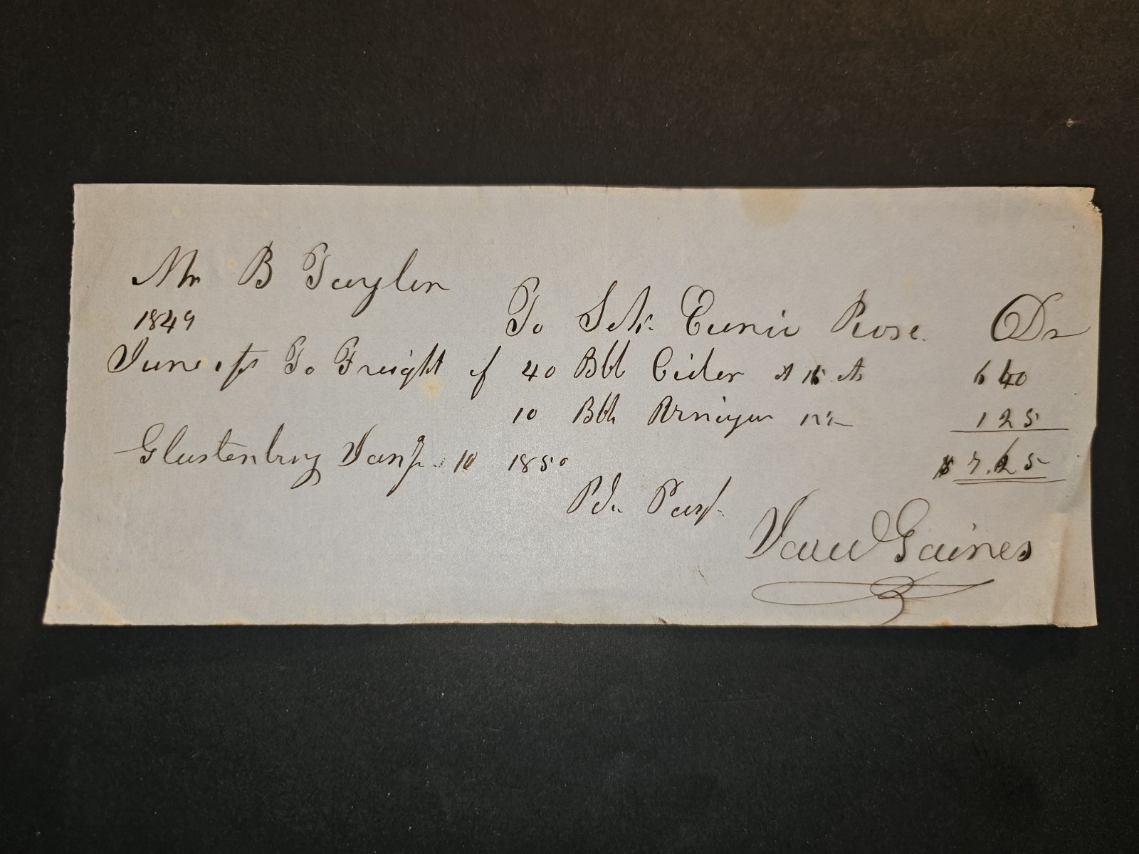 1849–1850 Glastonbury CT Freight Bill – Cider, Brandy, Hemp – Capt. Jared Gaines