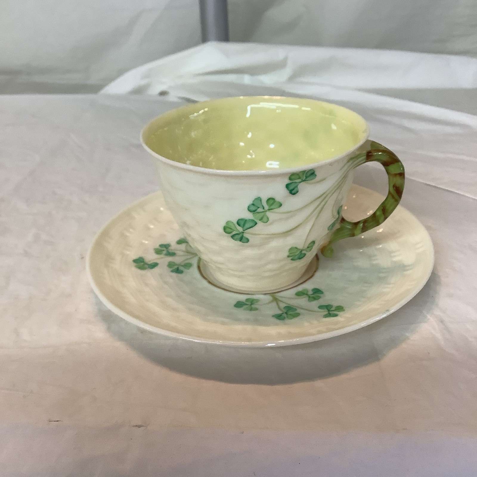 Vtg Beleek Ireland Porcelain Tea Cup & Saucer Shamrock Basketweave-Green Mark Vtg Beleek Ireland Porcelain Tea Cup & Saucer Shamrock Basketweave-Green Mark