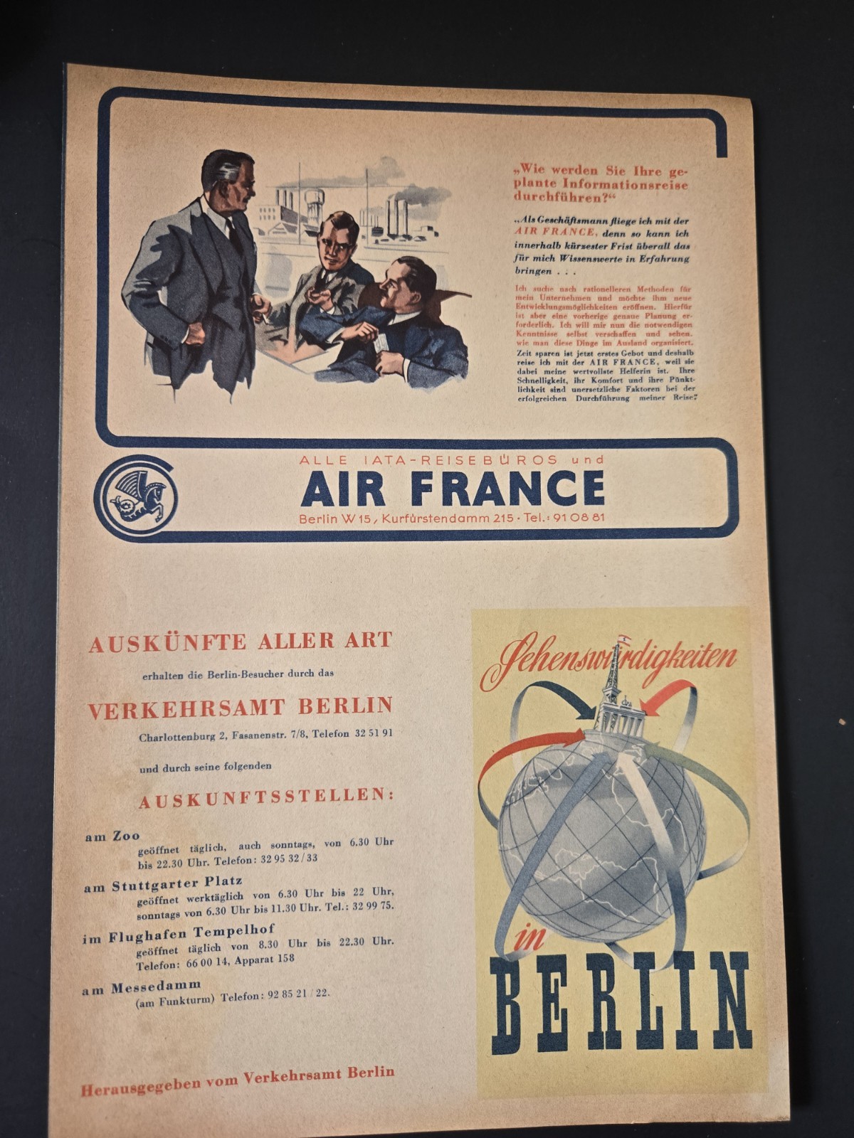 1950's Vintage GERMAN AIR FRANCE TRAVEL ADVERTISING PRINT