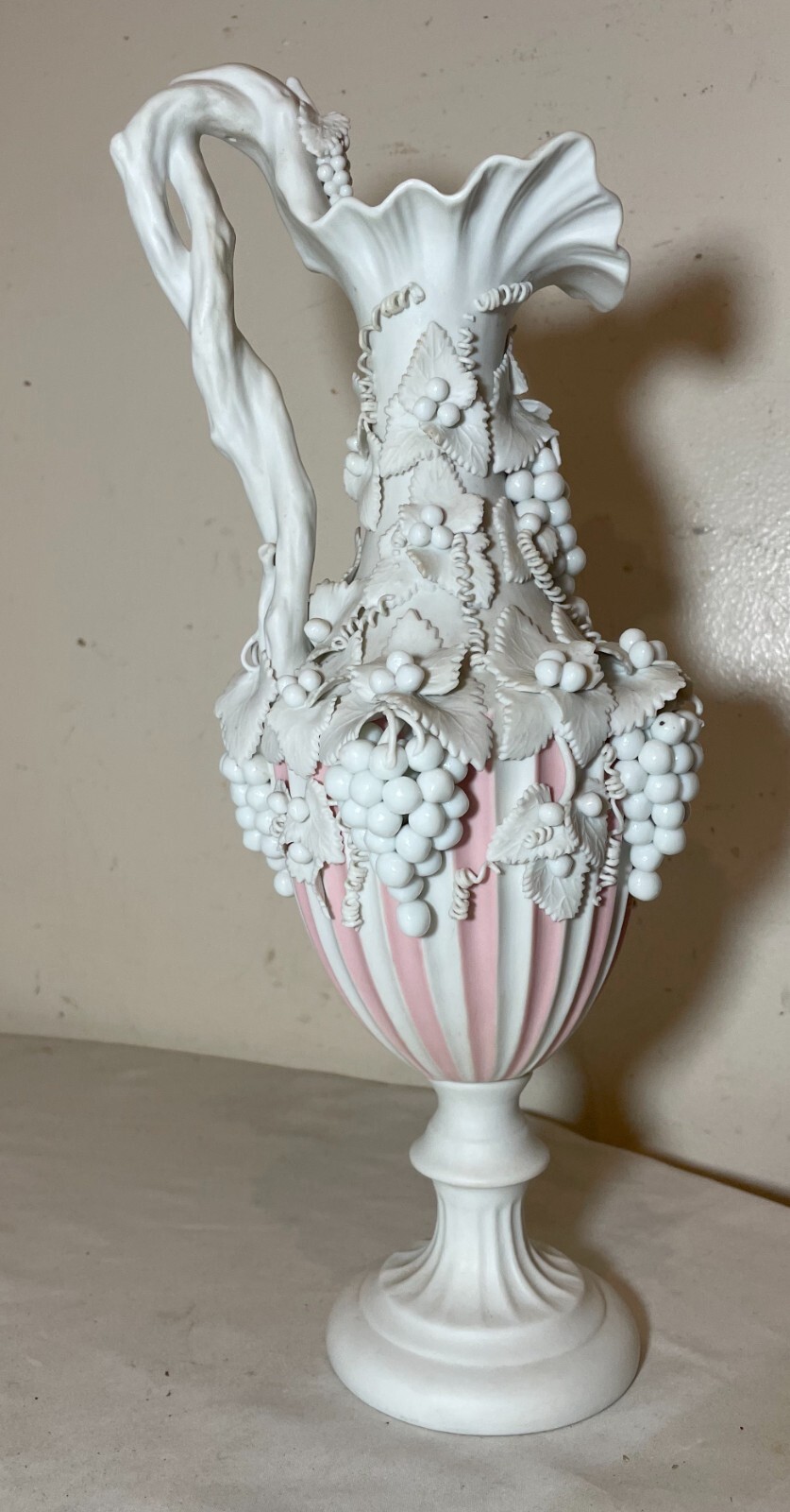antique English handmade Bennington pink parian porcelain grape vine ewer vase antique English handmade Bennington pink parian porcelain grape vine ewer vase
