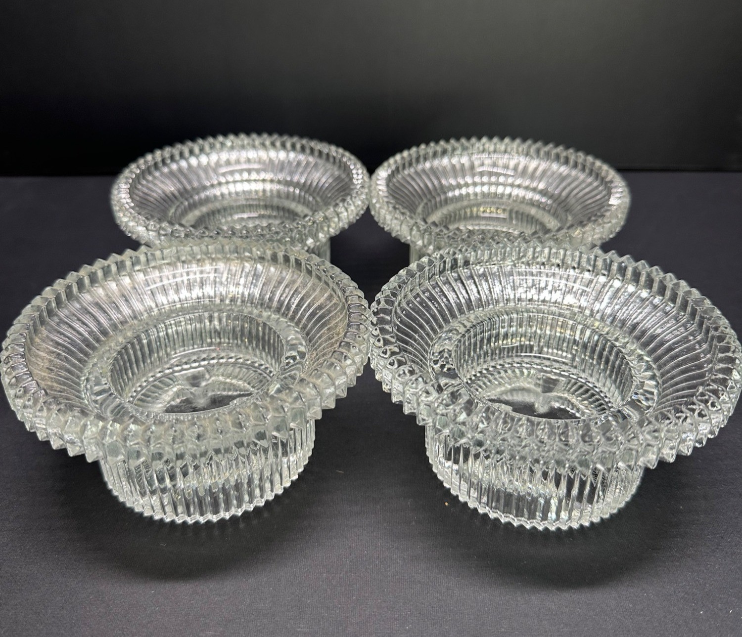 Vintage Diamond Cut Glass Candle Holders Set of 4 Footed Flared Edge 4.5