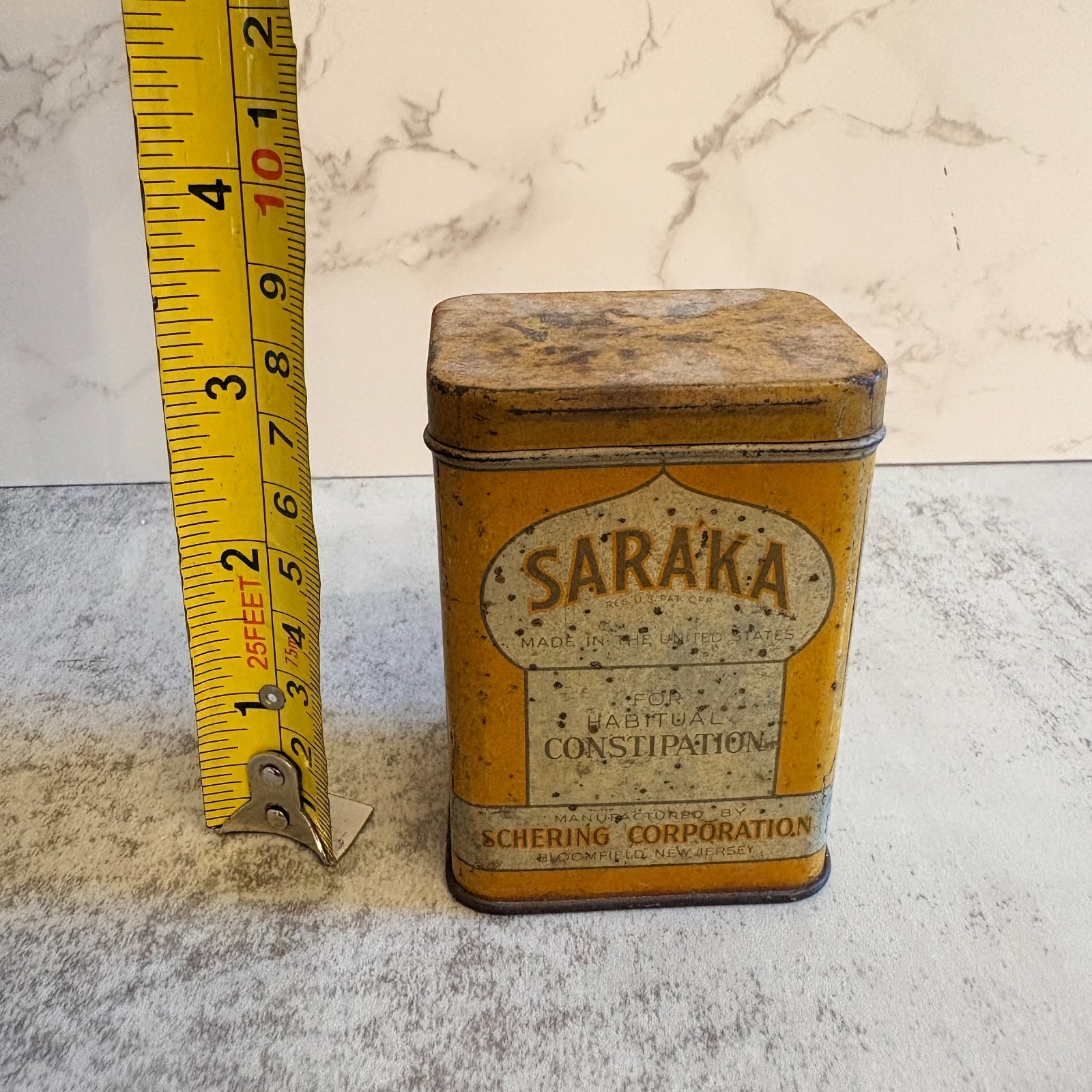 Vintage Saraka Laxative Tin Schering Corp Bloomfield NJ Pharmacy Medical Advert