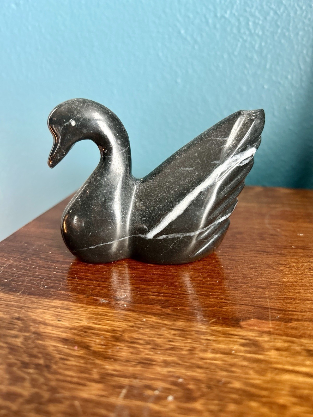 Vintage hand-carved black stone swan figurine Sculpture paperweight Hand carved